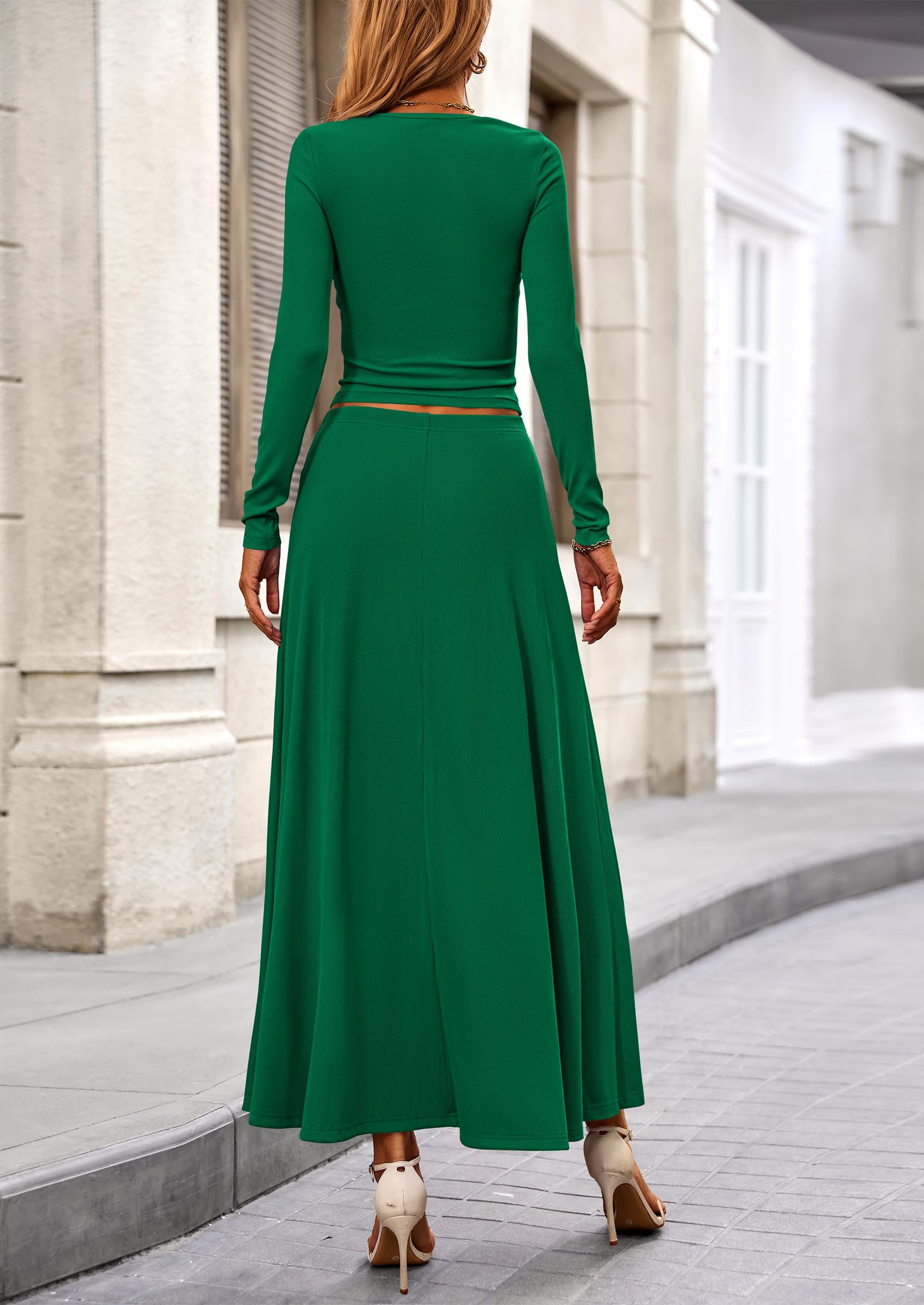 Osonn 2 Piece Casual Ribbed Knit Long Sleeve Crop Tops Maxi Flowy Skirts Matching Sets