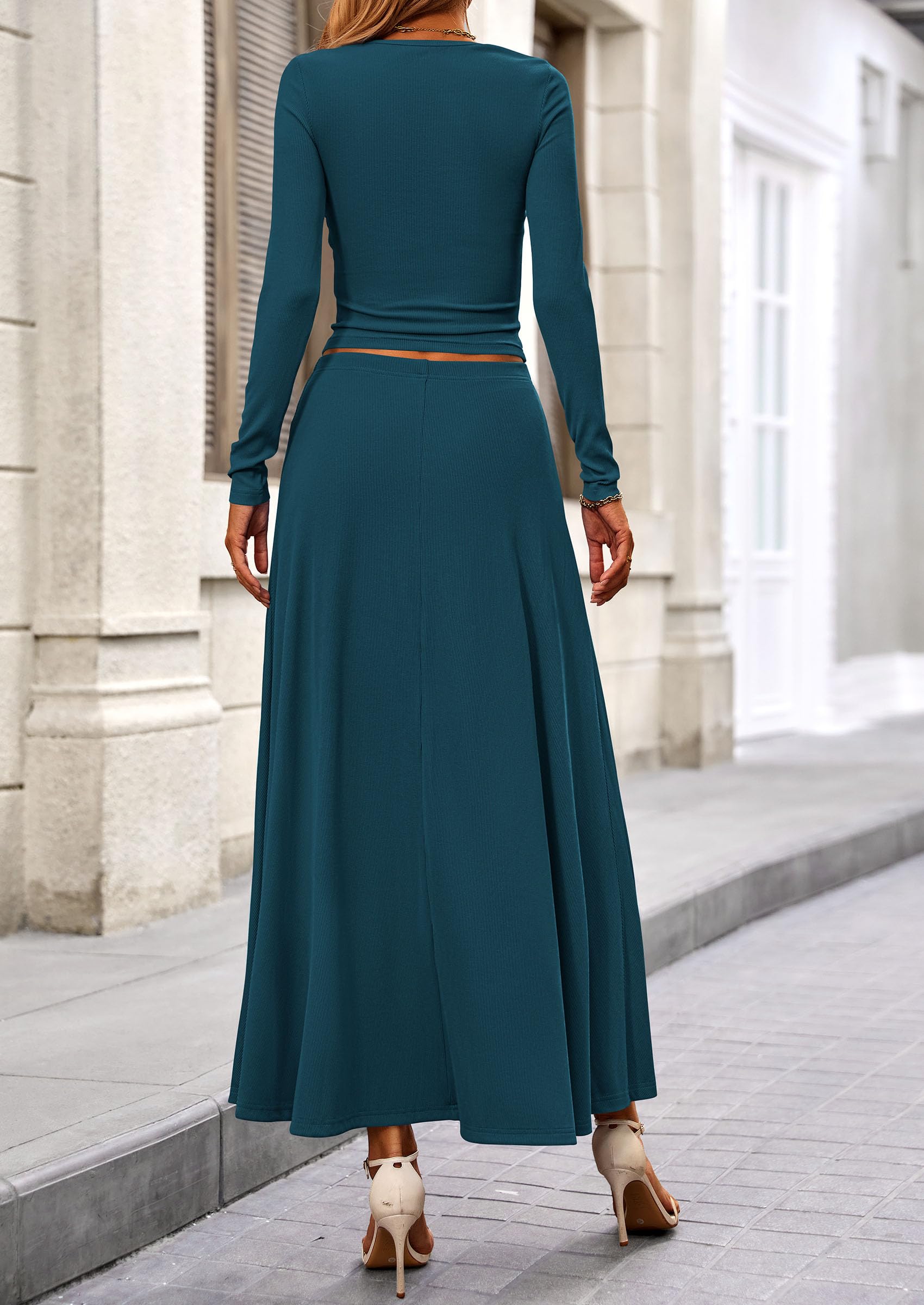 Osonn 2 Piece Casual Ribbed Knit Long Sleeve Crop Tops Maxi Flowy Skirts Matching Sets
