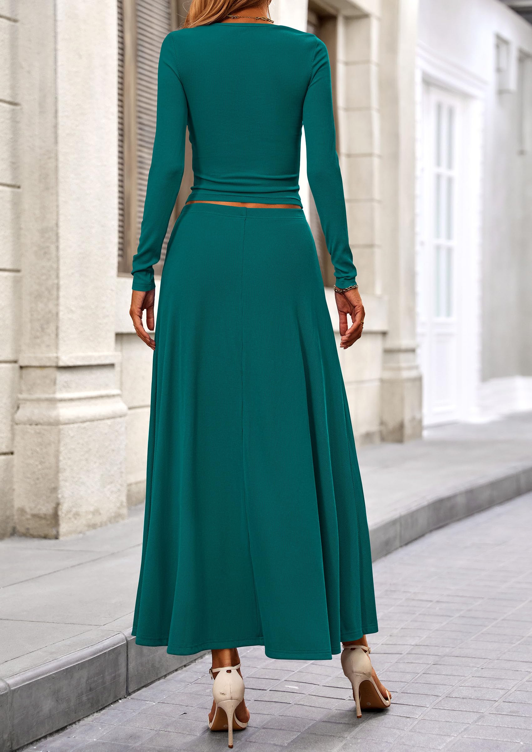 Osonn 2 Piece Casual Ribbed Knit Long Sleeve Crop Tops Maxi Flowy Skirts Matching Sets