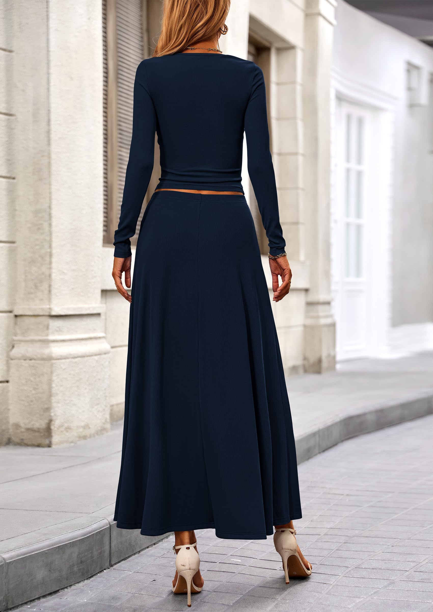 Osonn 2 Piece Casual Ribbed Knit Long Sleeve Crop Tops Maxi Flowy Skirts Matching Sets