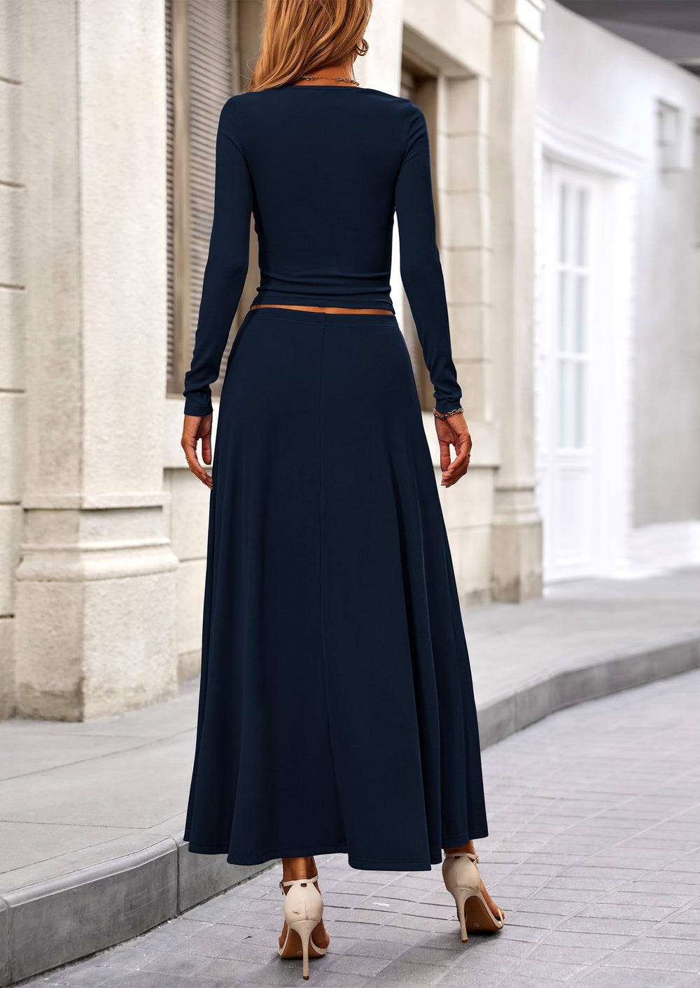 Osonn 2 Piece Casual Ribbed Knit Long Sleeve Crop Tops Maxi Flowy Skirts Matching Sets