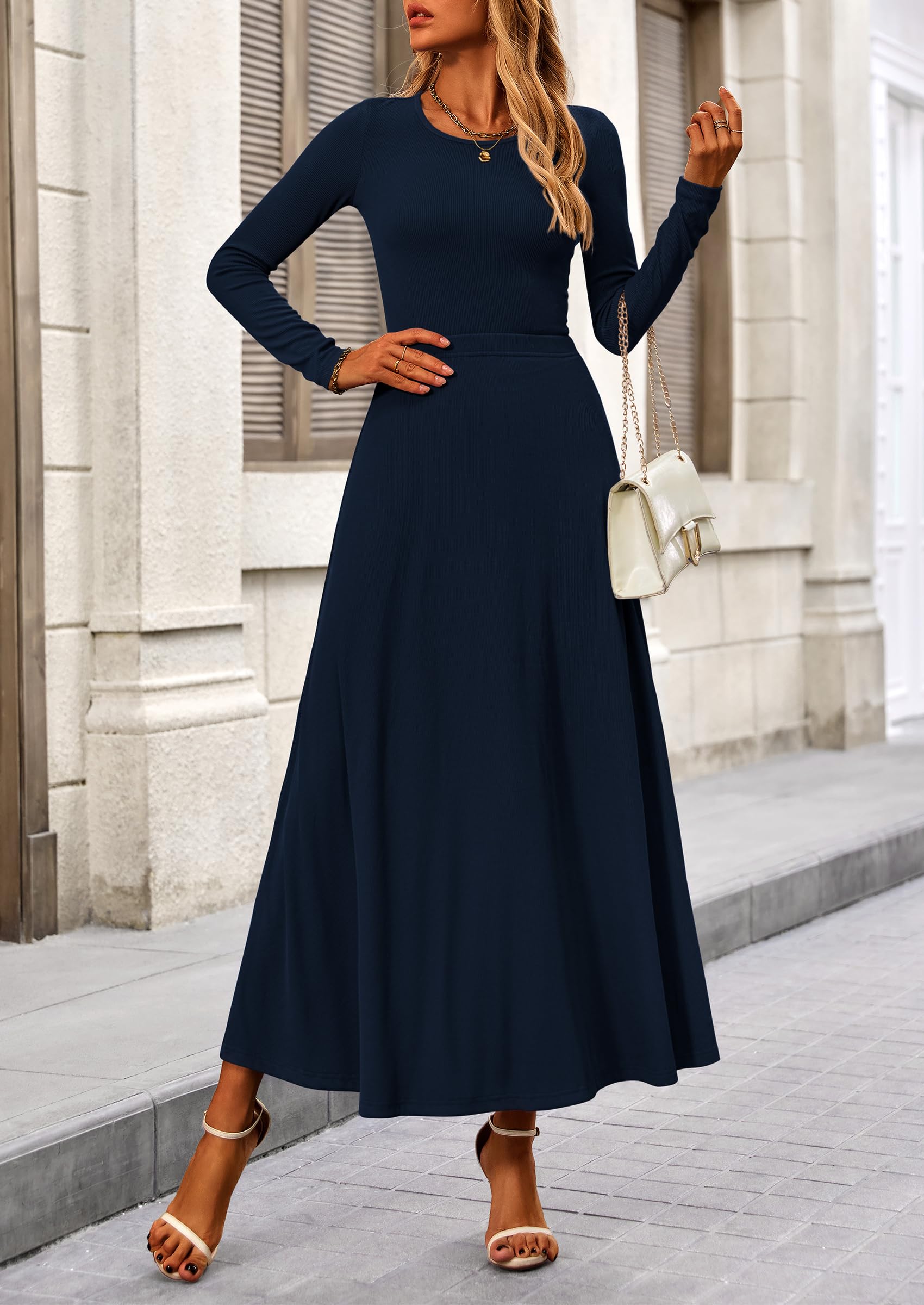 Osonn 2 Piece Casual Ribbed Knit Long Sleeve Crop Tops Maxi Flowy Skirts Matching Sets