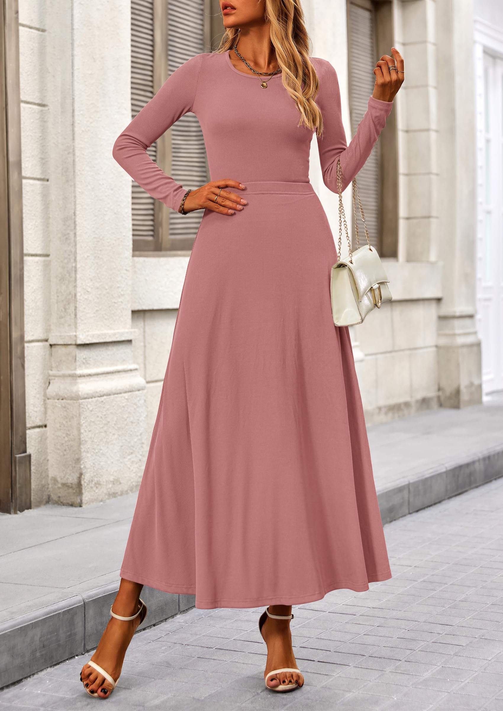 Osonn 2 Piece Casual Ribbed Knit Long Sleeve Crop Tops Maxi Flowy Skirts Matching Sets