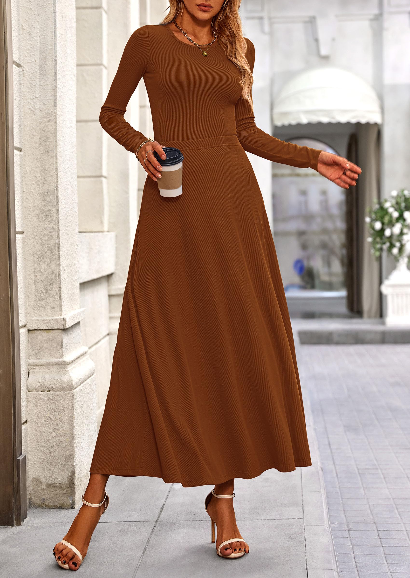 Osonn 2 Piece Casual Ribbed Knit Long Sleeve Crop Tops Maxi Flowy Skirts Matching Sets