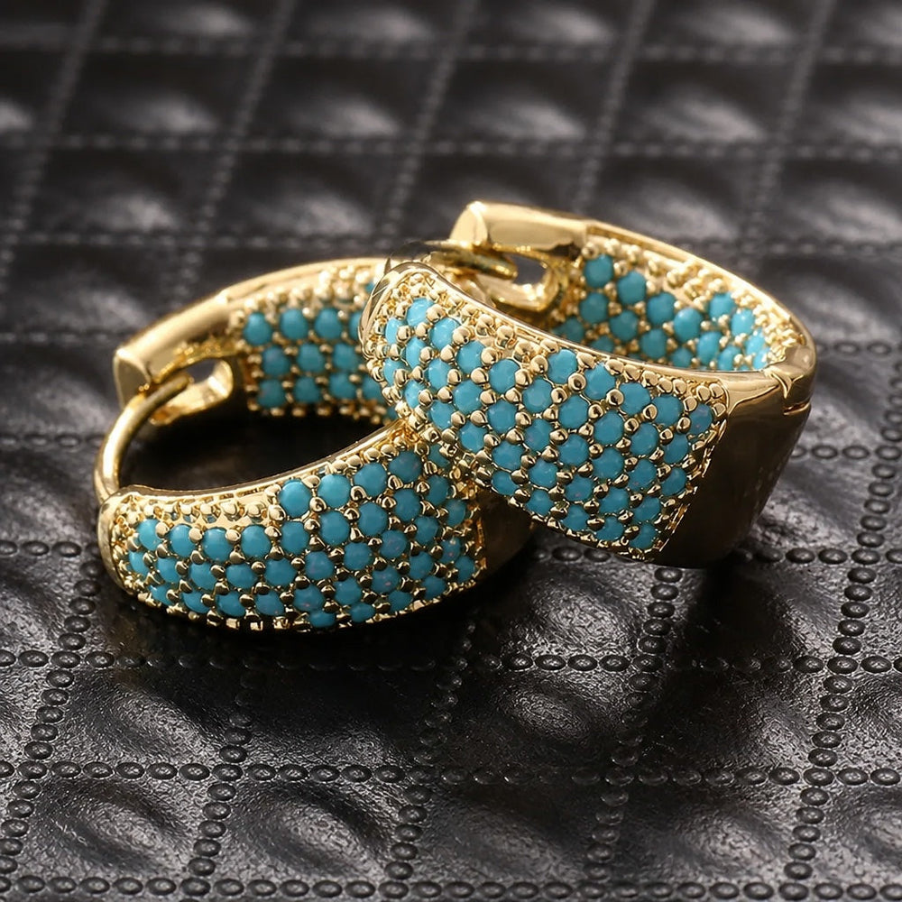 Golden Tone Turquoise Beaded Hoop Earrings — image 2