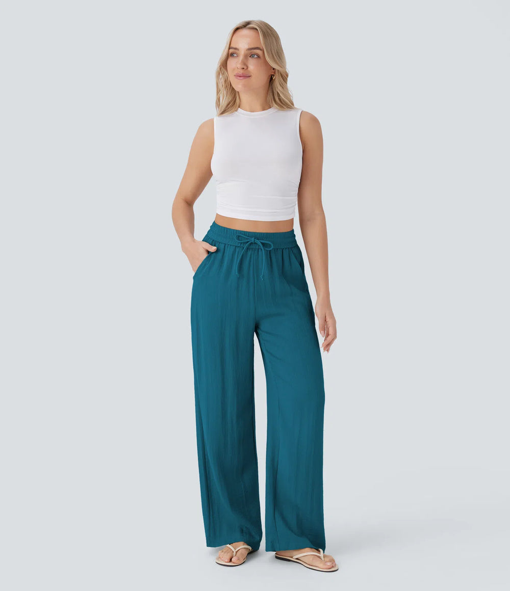 High Waisted Drawstring Pocket Wide Leg Casual Linen-Feel Pants