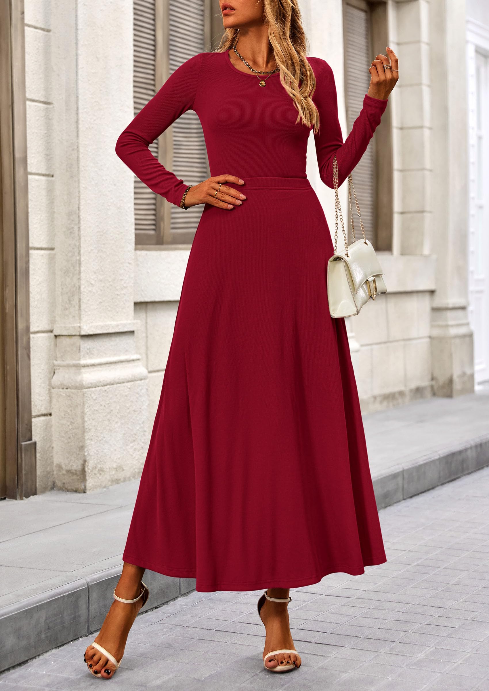 Osonn 2 Piece Casual Ribbed Knit Long Sleeve Crop Tops Maxi Flowy Skirts Matching Sets