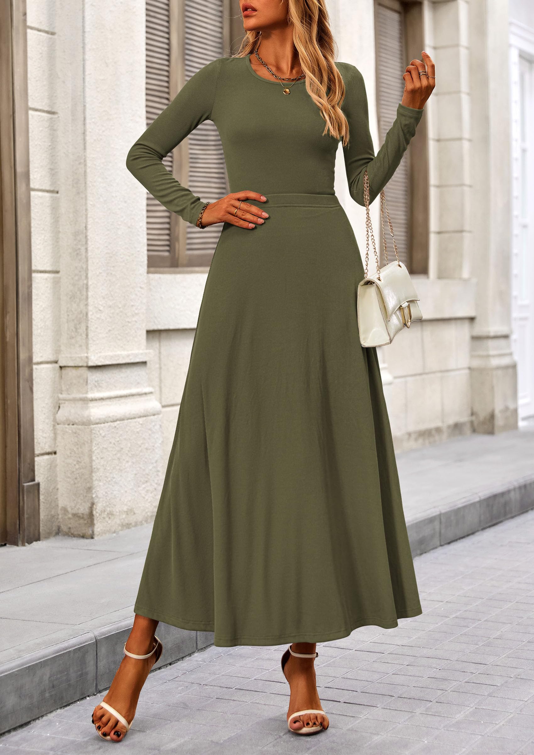 Osonn 2 Piece Casual Ribbed Knit Long Sleeve Crop Tops Maxi Flowy Skirts Matching Sets