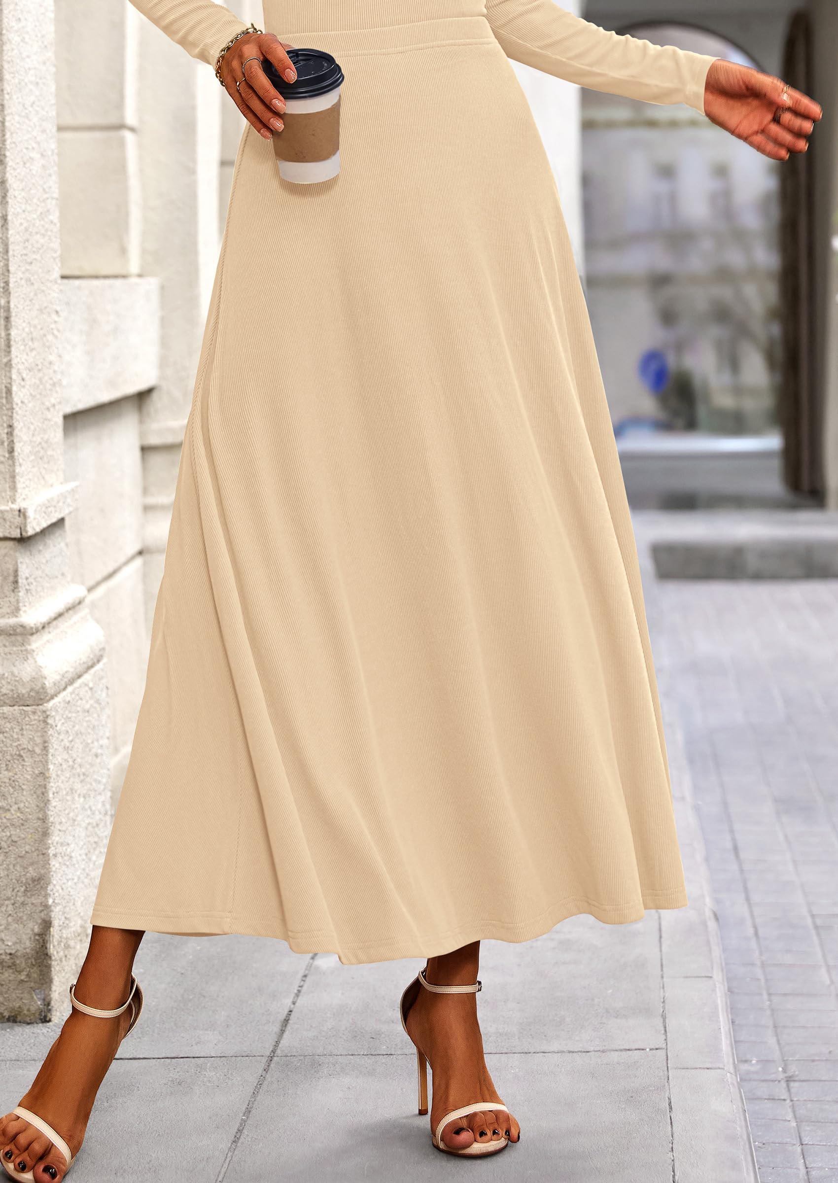 Osonn 2 Piece Casual Ribbed Knit Long Sleeve Crop Tops Maxi Flowy Skirts Matching Sets