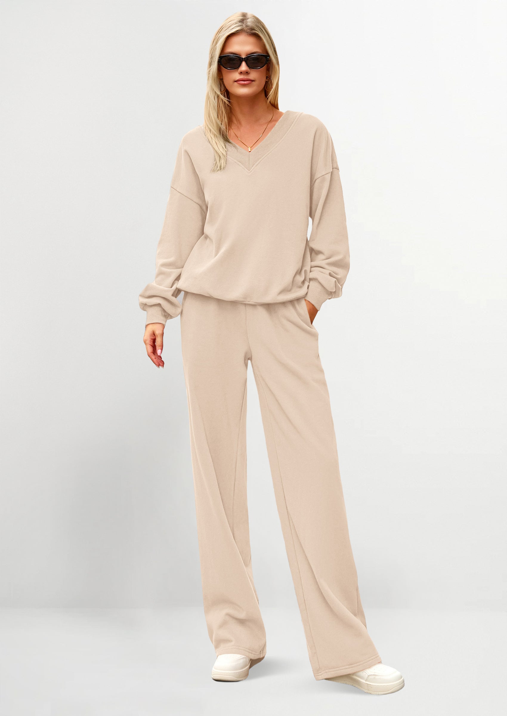 Osonn Casual Winter Two Piece Sets for Women V Neck Sweatshirt Loose Wide Leg Pants Tracksuit Knit Fall Outfits