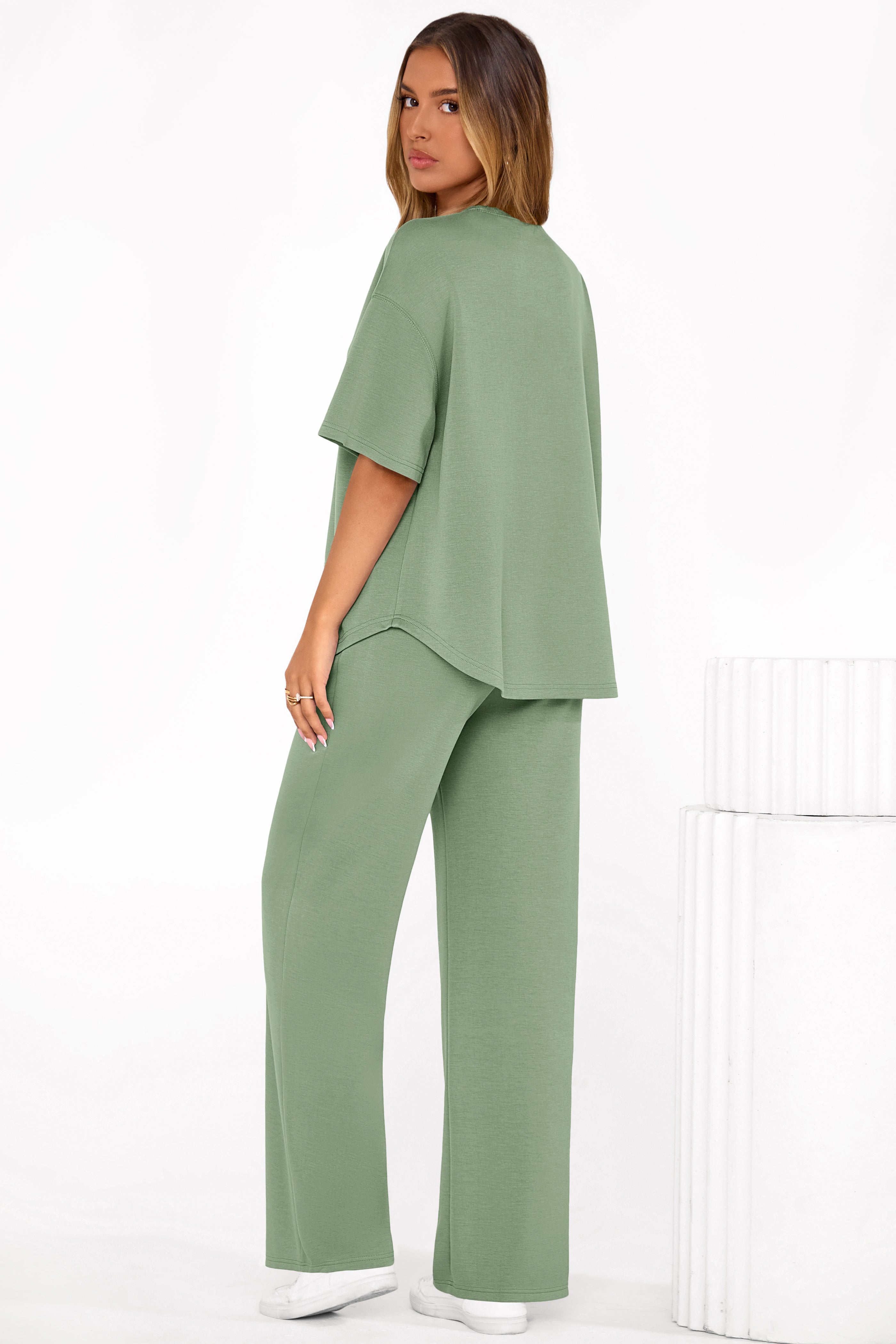 Osonn Women's Summer 2 Piece Lounge Set Short Sleeve Tops Wide Leg Pants Spring Vacation Travel Outfits Clothes