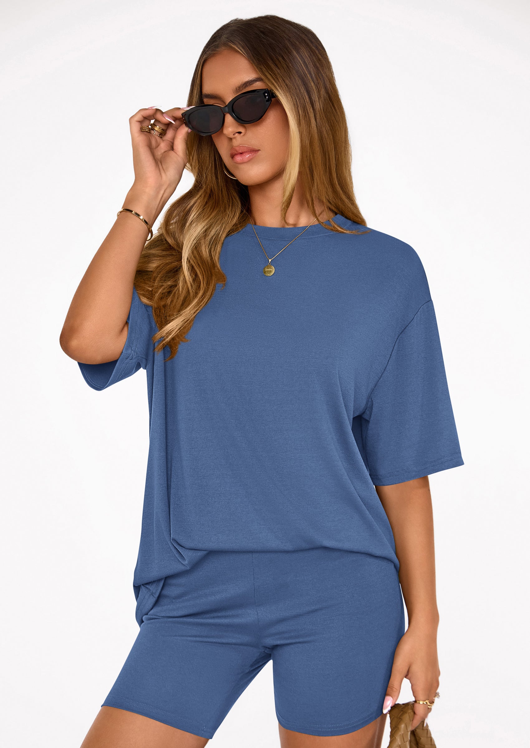Osonn Women's Two Piece Matching Lounge Sets Summer Casual Tops Short Sleeve Shirts Shorts Travel Airport Outfits