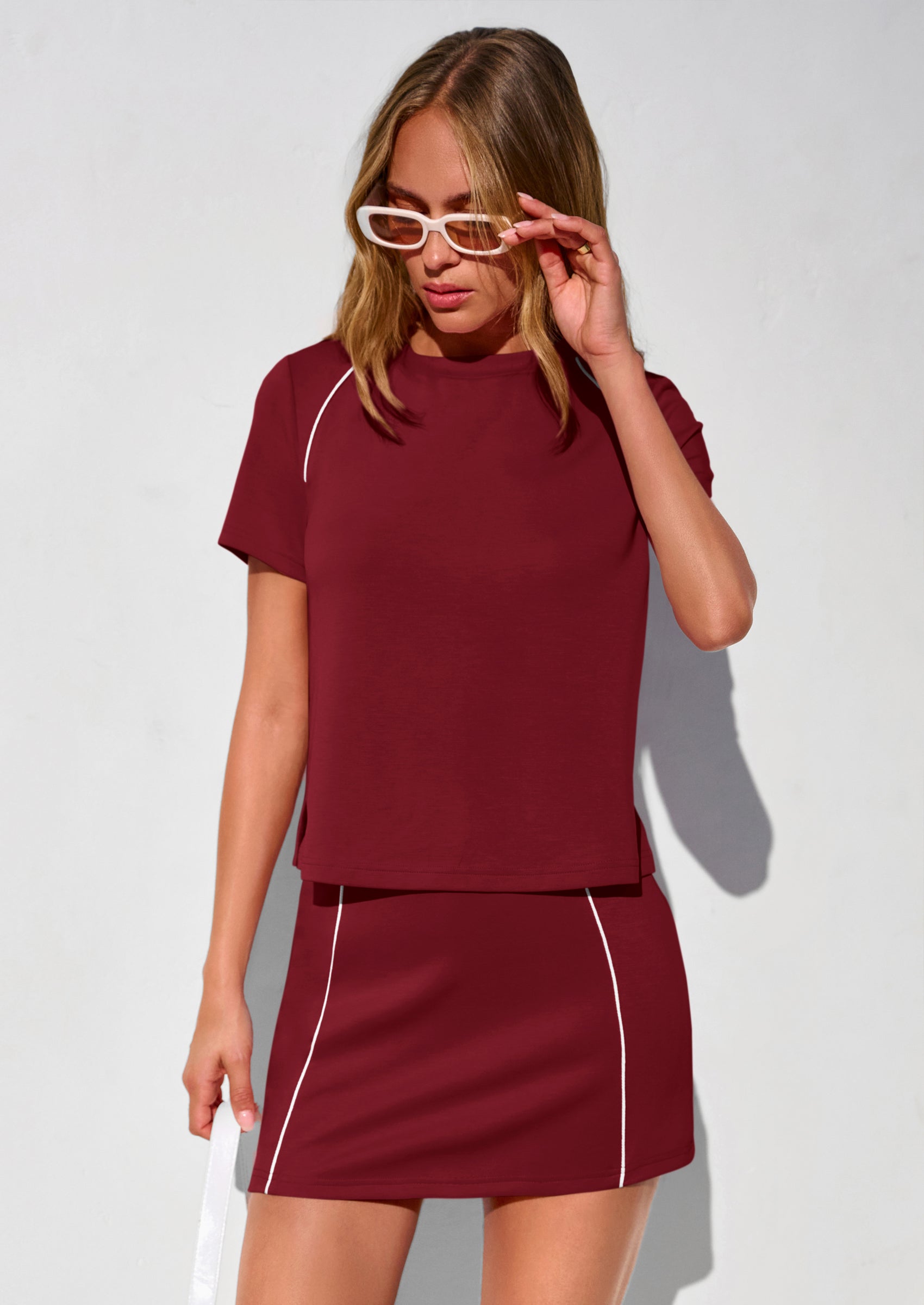 Osonn Women's Summer 2 Piece Skirt Sets Short Sleeve Shirts Tops Skorts Matching Workout Clothes Travel Outfits