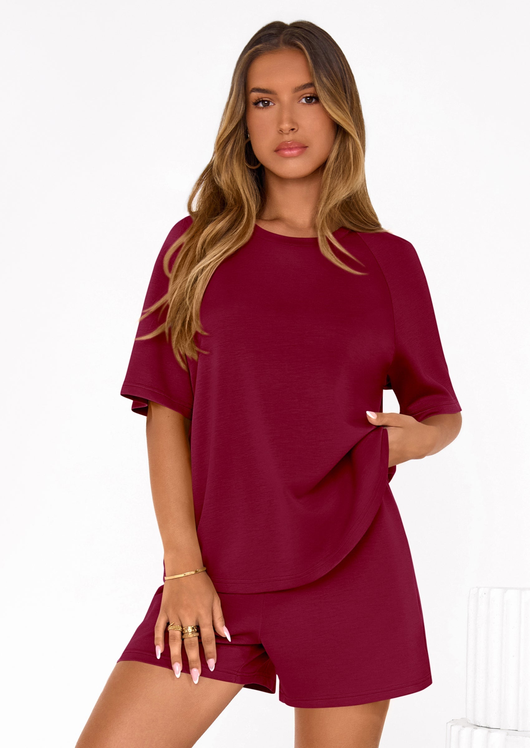 Osonn Women's 2 Piece Lounge Sets Short Sleeve Shirts Casual Tops Shorts Matching Clothing Summer Airport Outfits
