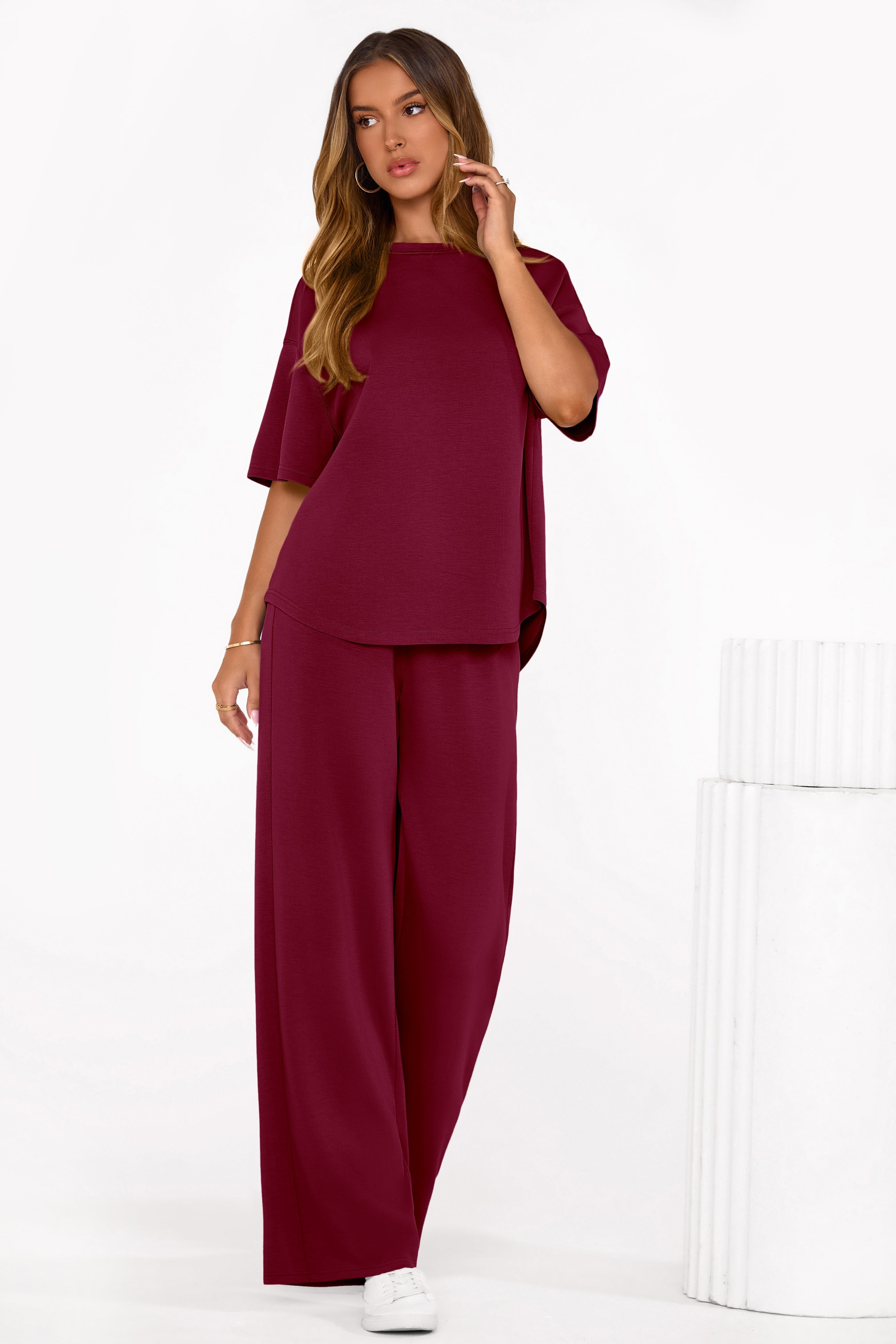 Osonn Women's Summer 2 Piece Lounge Set Short Sleeve Tops Wide Leg Pants Spring Vacation Travel Outfits Clothes