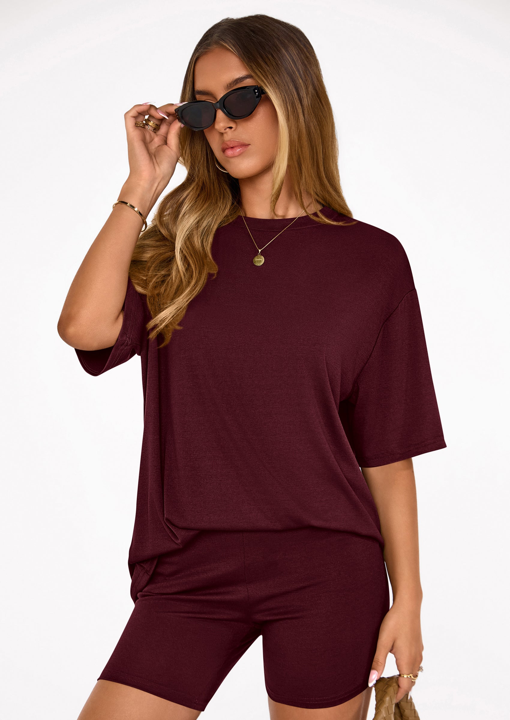 Osonn Women's Two Piece Matching Lounge Sets Summer Casual Tops Short Sleeve Shirts Shorts Travel Airport Outfits