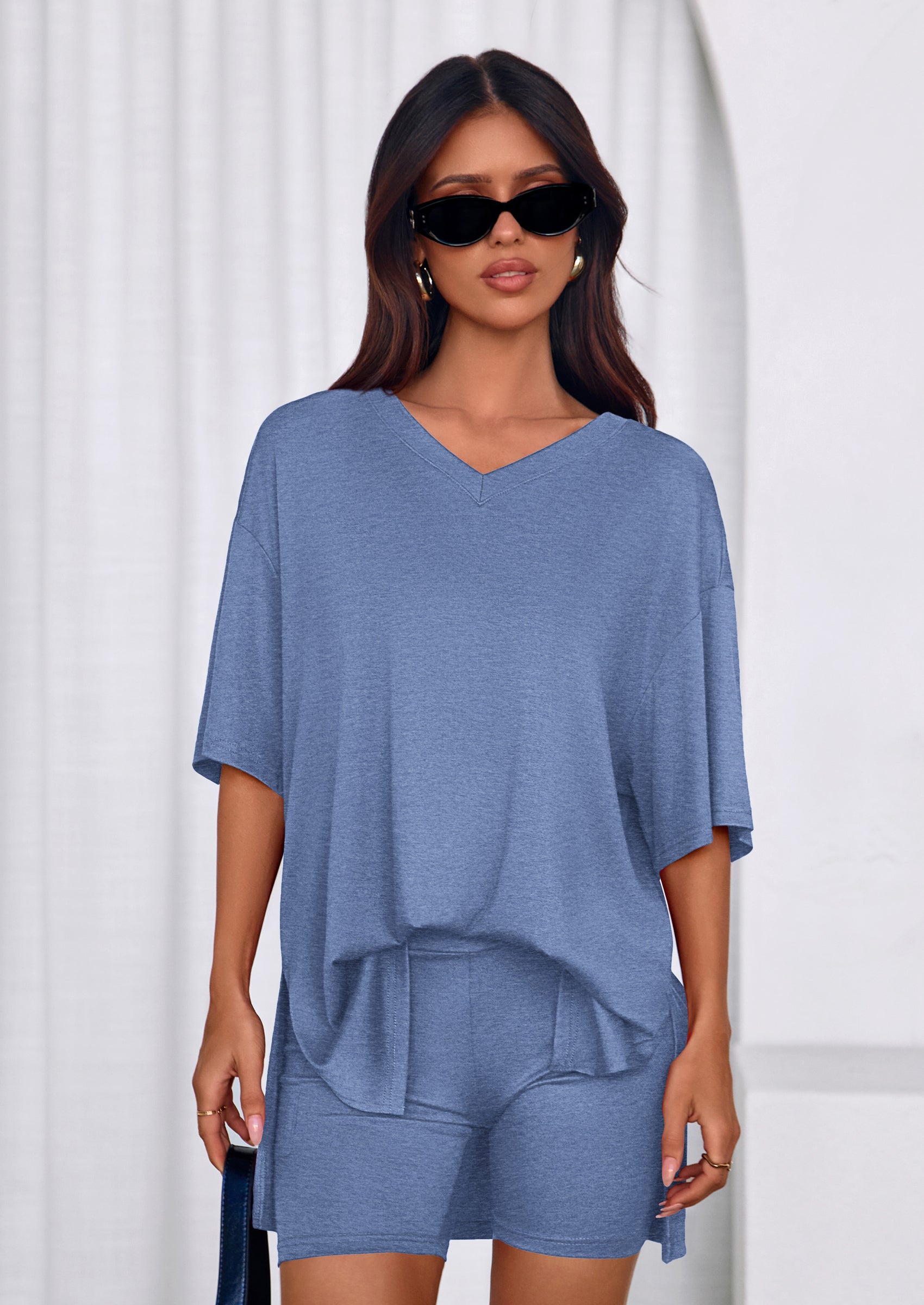 Osonn 2 Piece Sets for Women Summer Lounge Short Set Spring Matching Biker Shorts V Neck Oversized Shirt Clothing