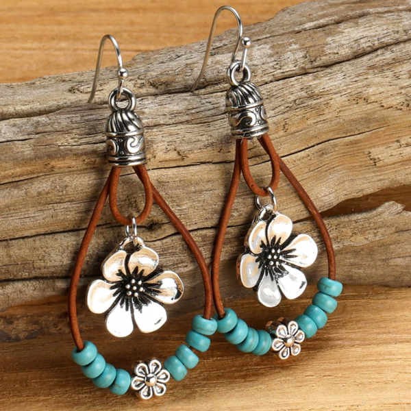 Boho Silver Flower Turquoise Earrings — image 1