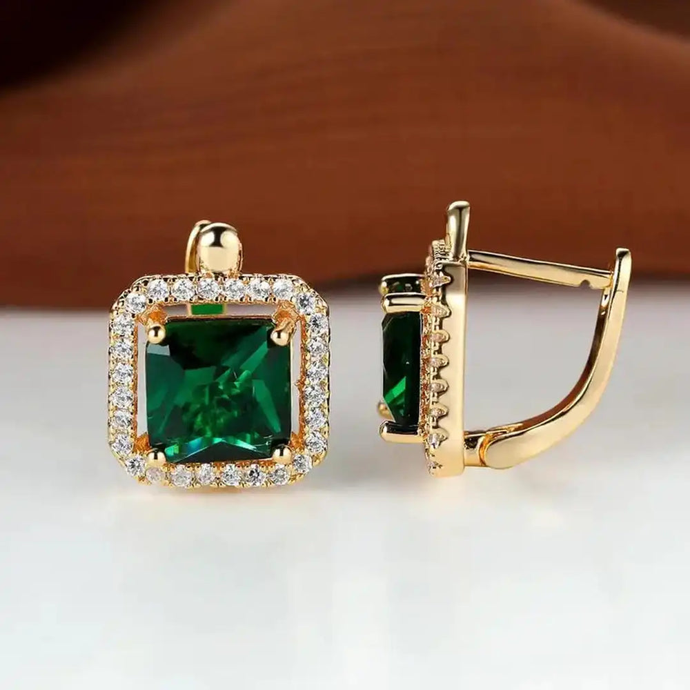 Green Square Zirconia Gold Earrings — image 2