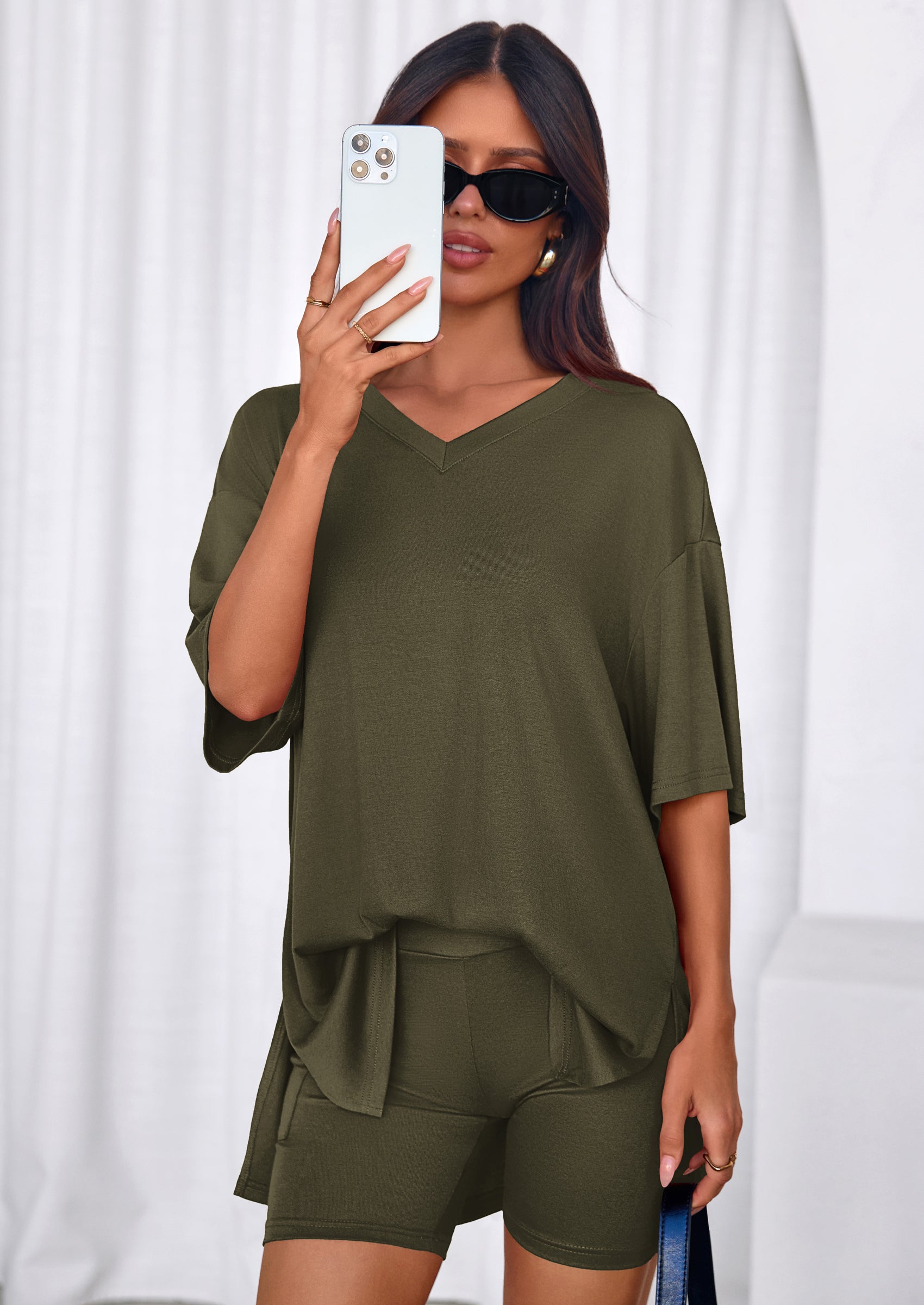 Osonn 2 Piece Sets for Women Summer Lounge Short Set Spring Matching Biker Shorts V Neck Oversized Shirt Clothing