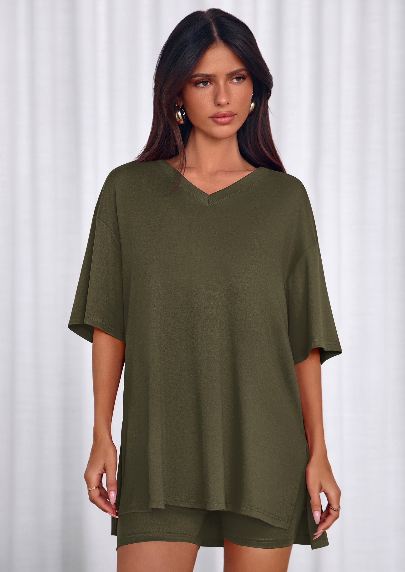 Osonn 2 Piece Sets for Women Summer Lounge Short Set Spring Matching Biker Shorts V Neck Oversized Shirt Clothing