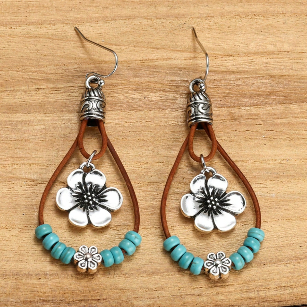 Boho Silver Flower Turquoise Earrings — image 2