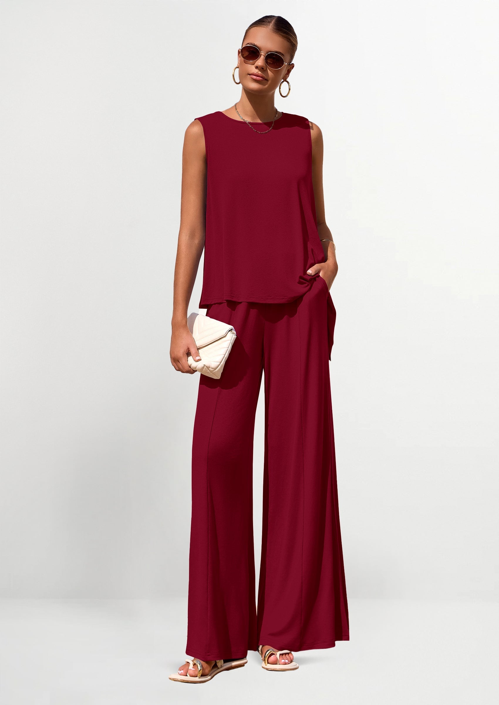 Osonn Women's Two Piece Matching Lounge Sets Asymmetrical Split Tank Tops Wide Leg Pants Summer Outfits Tracksuit