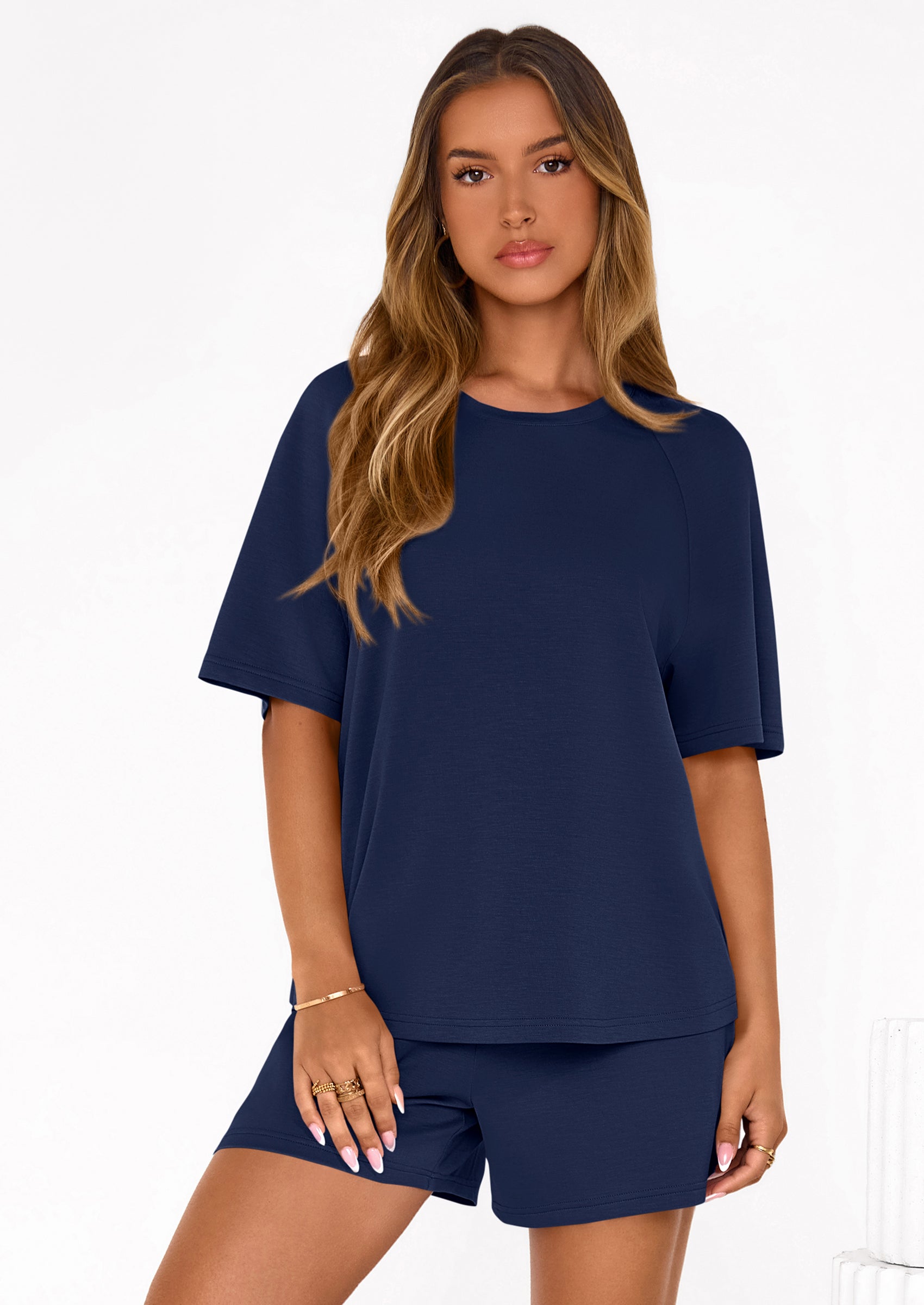 Osonn Women's 2 Piece Lounge Sets Short Sleeve Shirts Casual Tops Shorts Matching Clothing Summer Airport Outfits