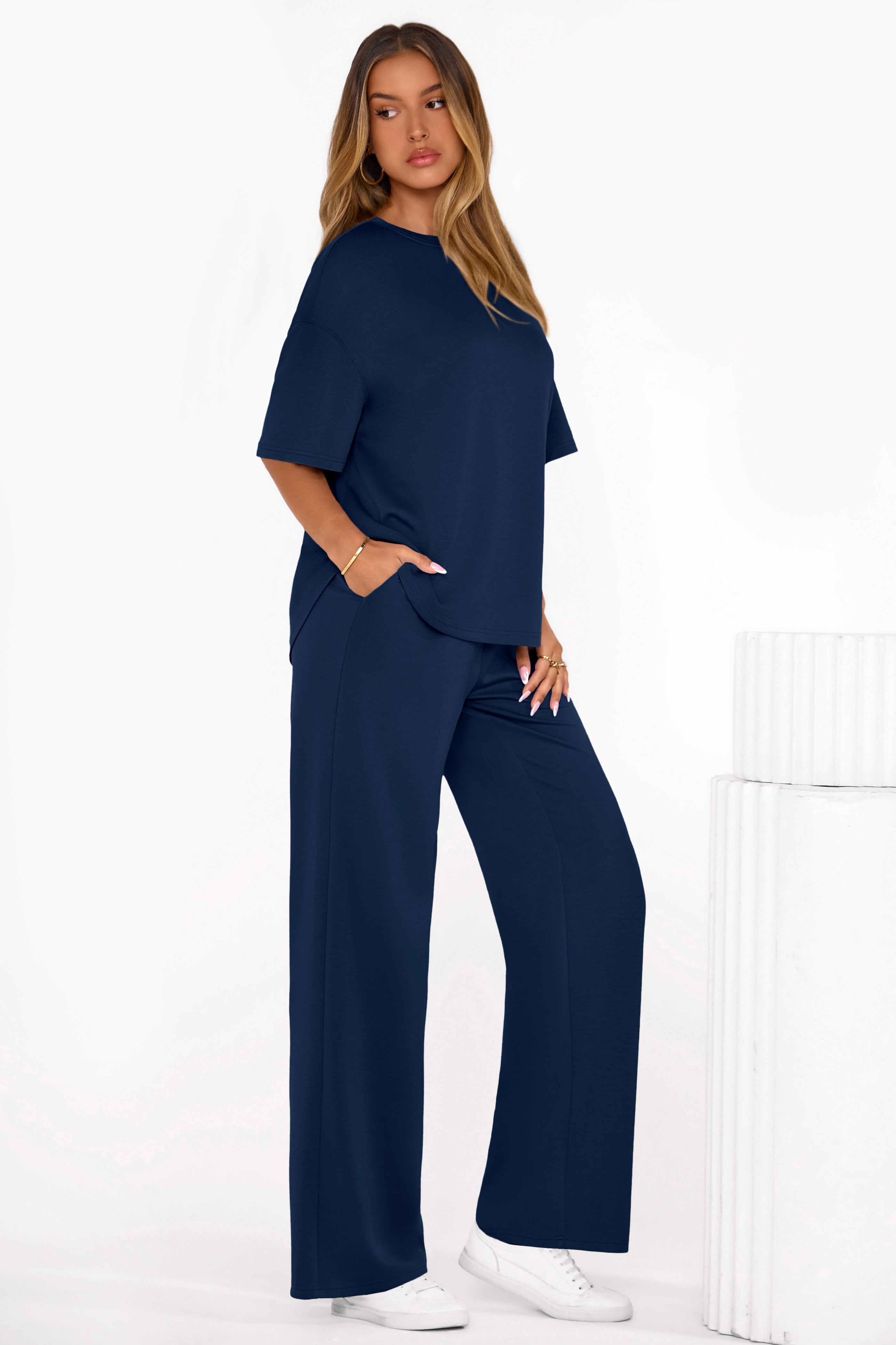 Osonn Women's Summer 2 Piece Lounge Set Short Sleeve Tops Wide Leg Pants Spring Vacation Travel Outfits Clothes