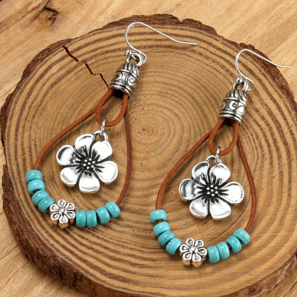 Boho Silver Flower Turquoise Earrings — image 2