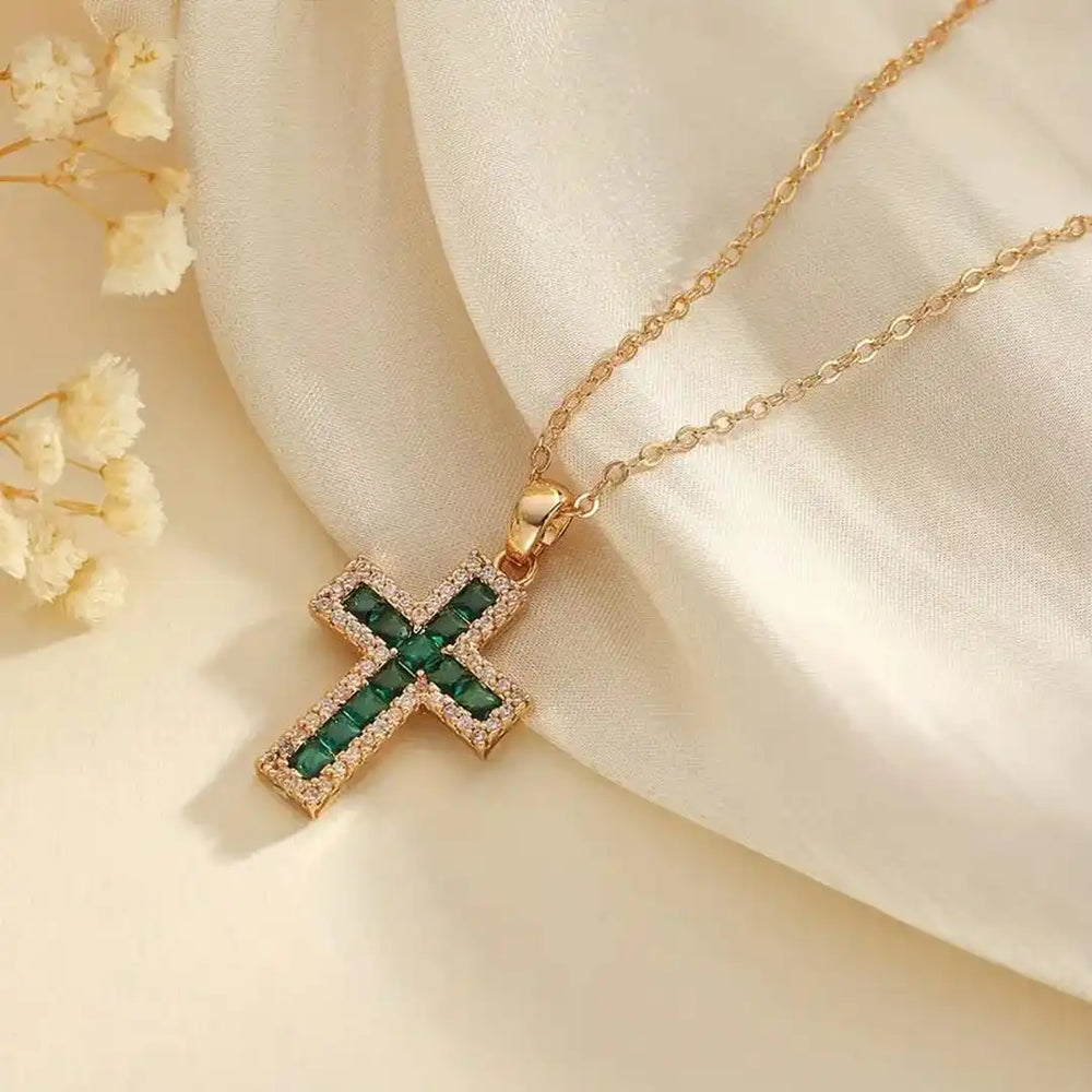 Emerald Cross Pendant Gold Necklace — image 1