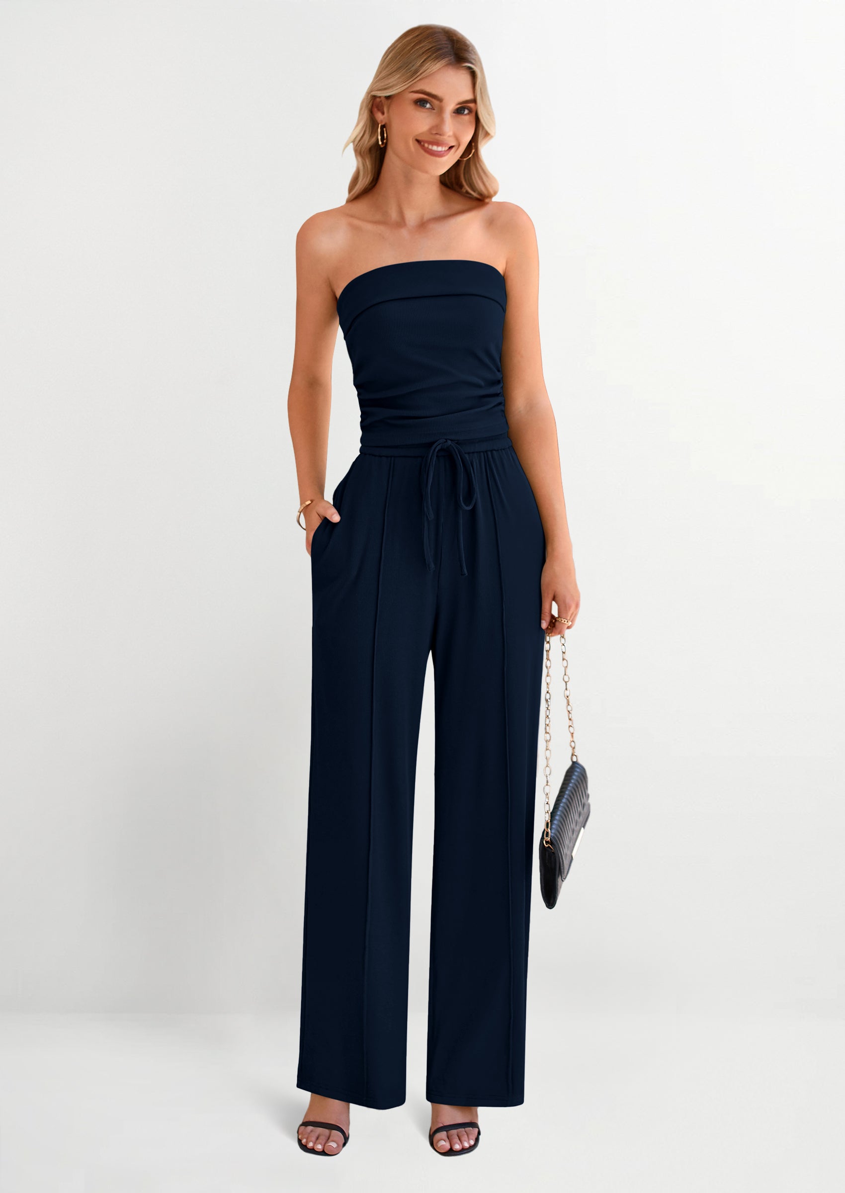 Osonn 2 Piece Sets Casual Ribbed Knit Crop Tube Top Wide Leg Pants Lounge Set