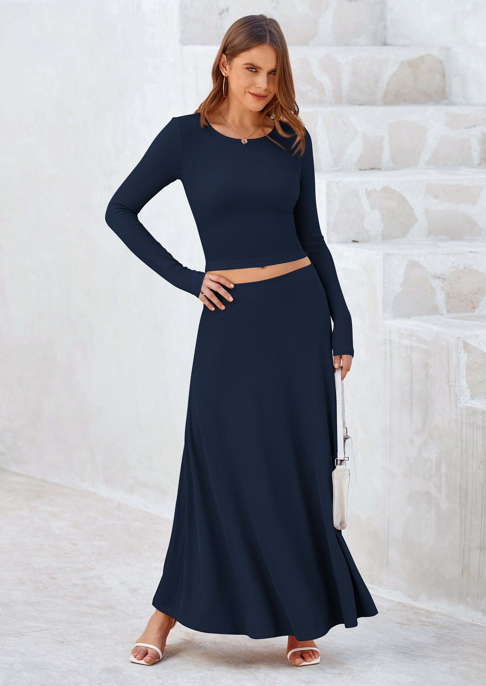 Osonn 2 Piece Casual Ribbed Knit Long Sleeve Crop Tops Maxi Flowy Skirts Matching Sets