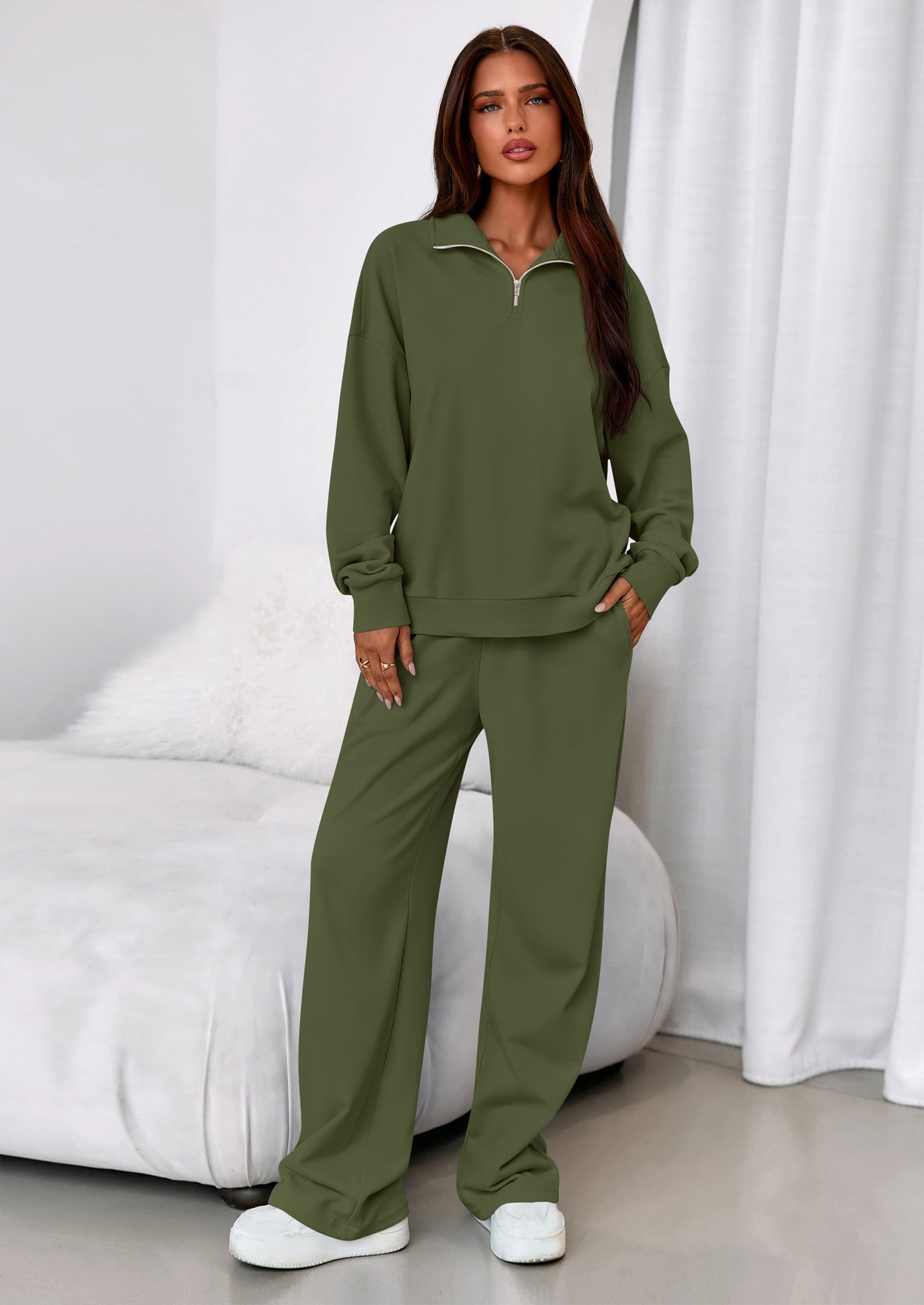 Osonn Womens Casual Two Piece Sets Fall Outfits Quarter Zip Sweatshirts Straight Leg Pants Sweatsuits Tracksuit