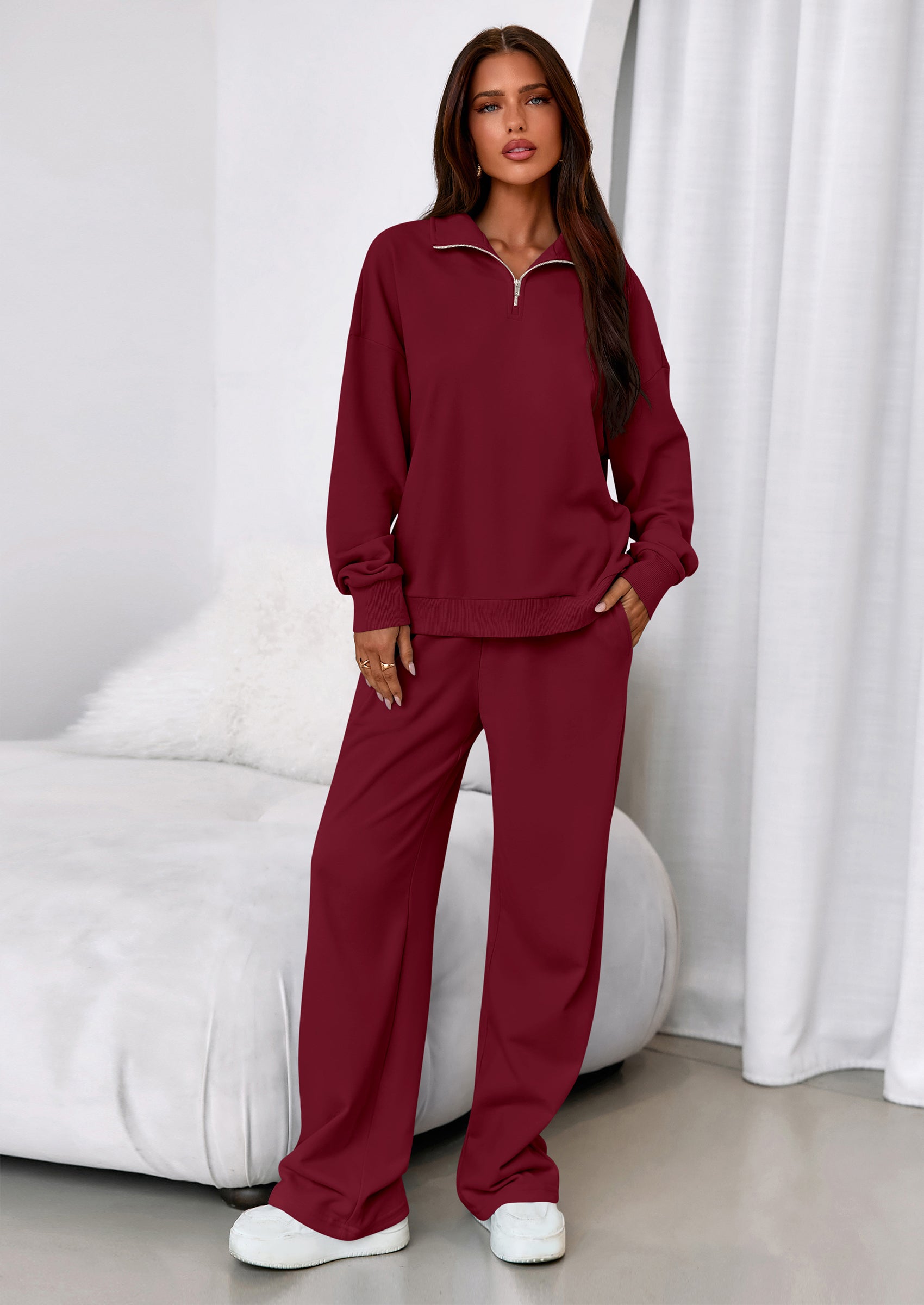 Osonn Womens Casual Two Piece Sets Fall Outfits Quarter Zip Sweatshirts Straight Leg Pants Sweatsuits Tracksuit