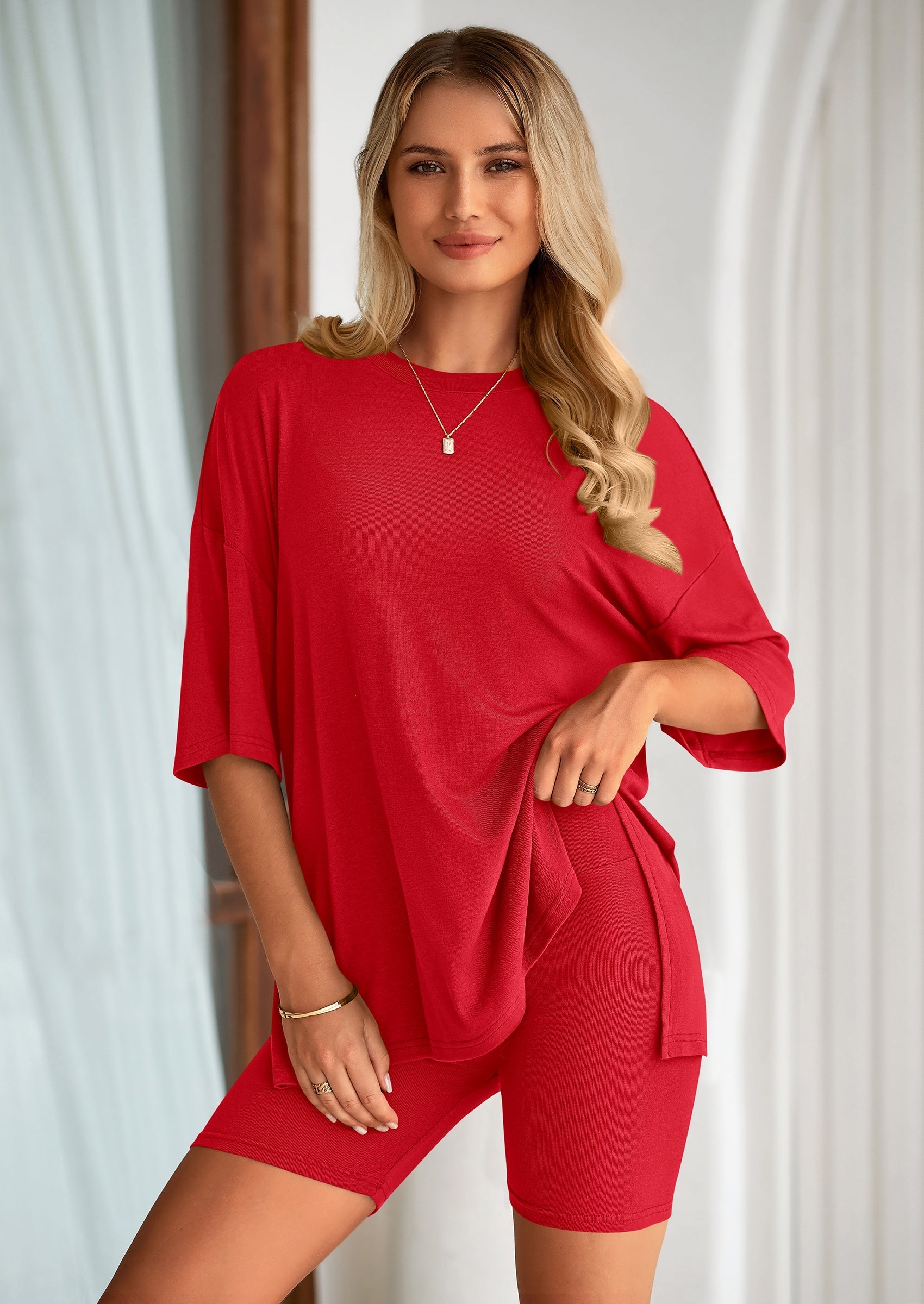 Osonn Women's Two Piece Lounge Set Summer Casual Oversized Shirts Biker Shorts Matching Airport Travel Outfit