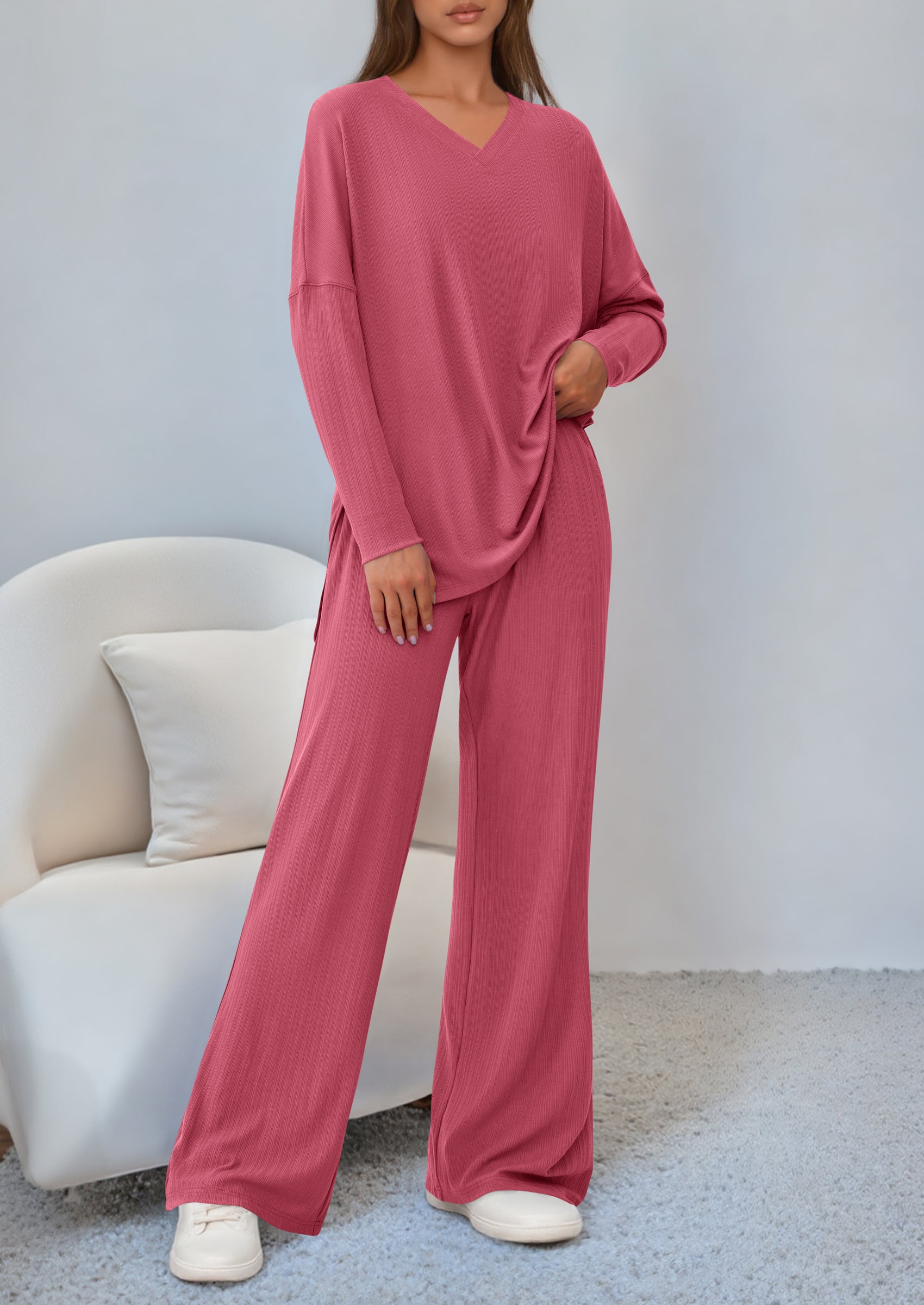 Osonn 2 Piece Lounge Sets for Women Fall Outfits Casual Loose Long Sleeve Tops Wide Leg Pants Matching Pajama Set