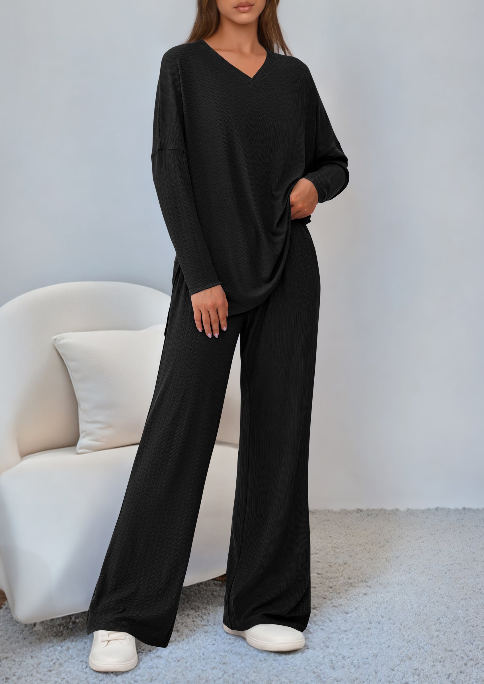 Osonn 2 Piece Lounge Sets for Women Fall Outfits Casual Loose Long Sleeve Tops Wide Leg Pants Matching Pajama Set