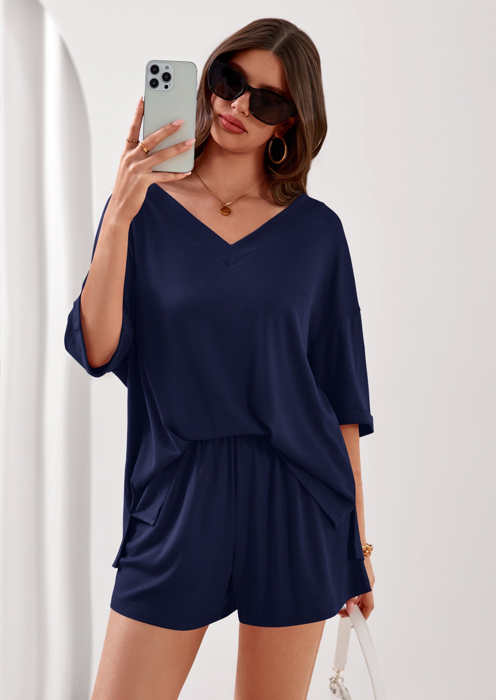 Osonn Womens 2 Piece Sets Oversized Vneck Half Sleeve Tops Shorts Lounge Set Casual Summer Travel Beach Outfits