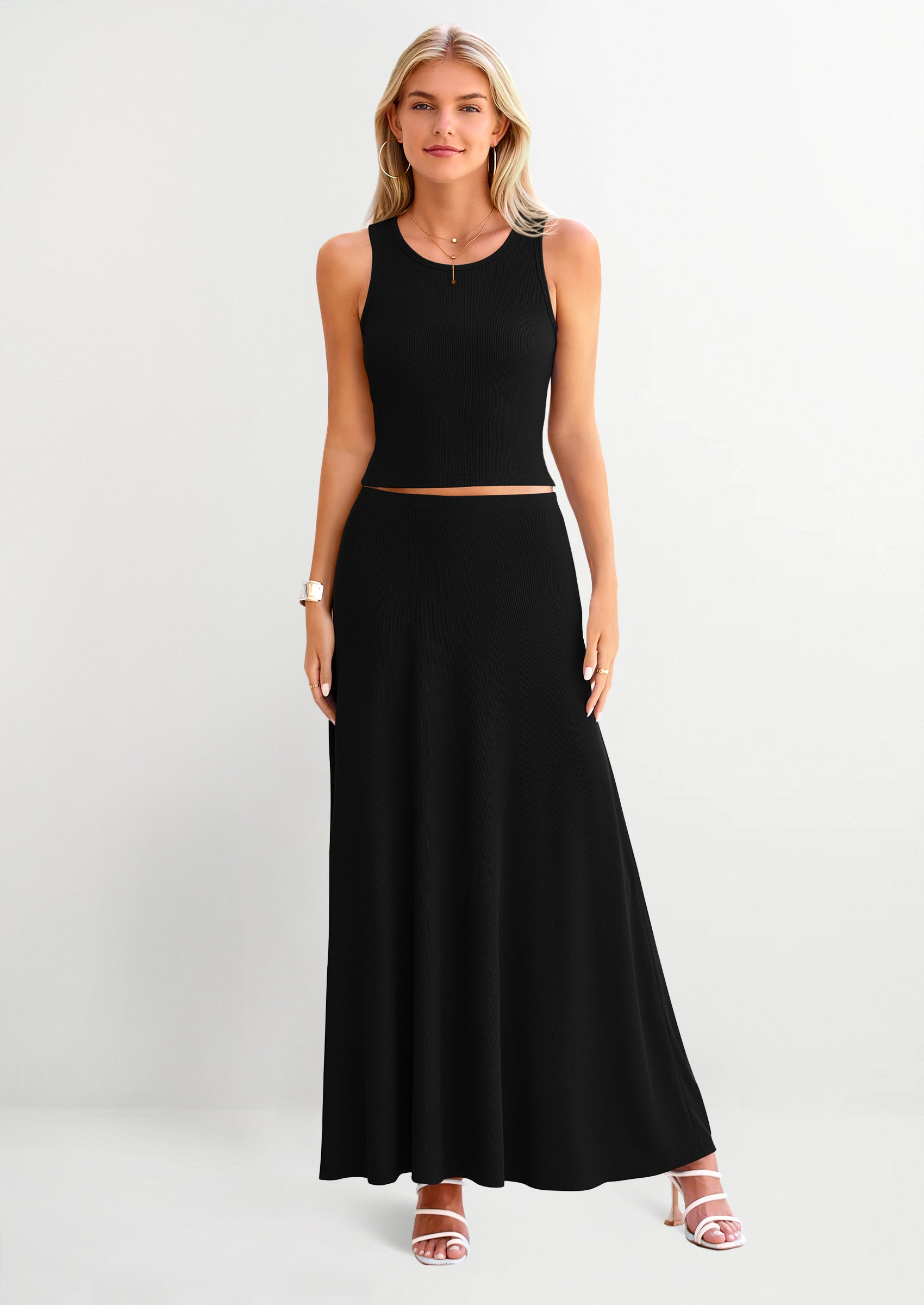 Osonn 2 Piece Maxi Skirt Sets Casual Knit Cropped Tank Top High Waisted Long Skirts Outfit