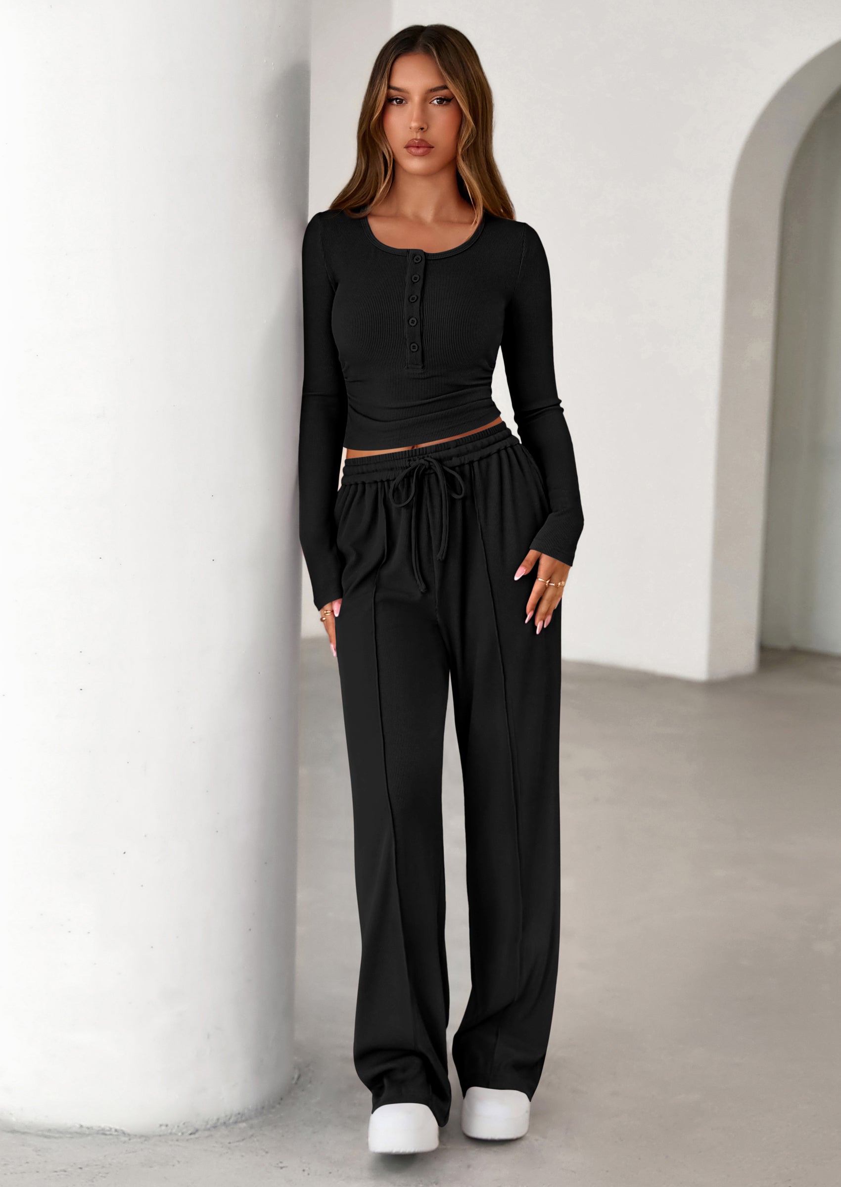 Osonn Women's Fall Trendy 2 Piece Outfits Lounge Sets Long Sleeve Top Henley Shirts Wide Leg Pants Travel Clothes