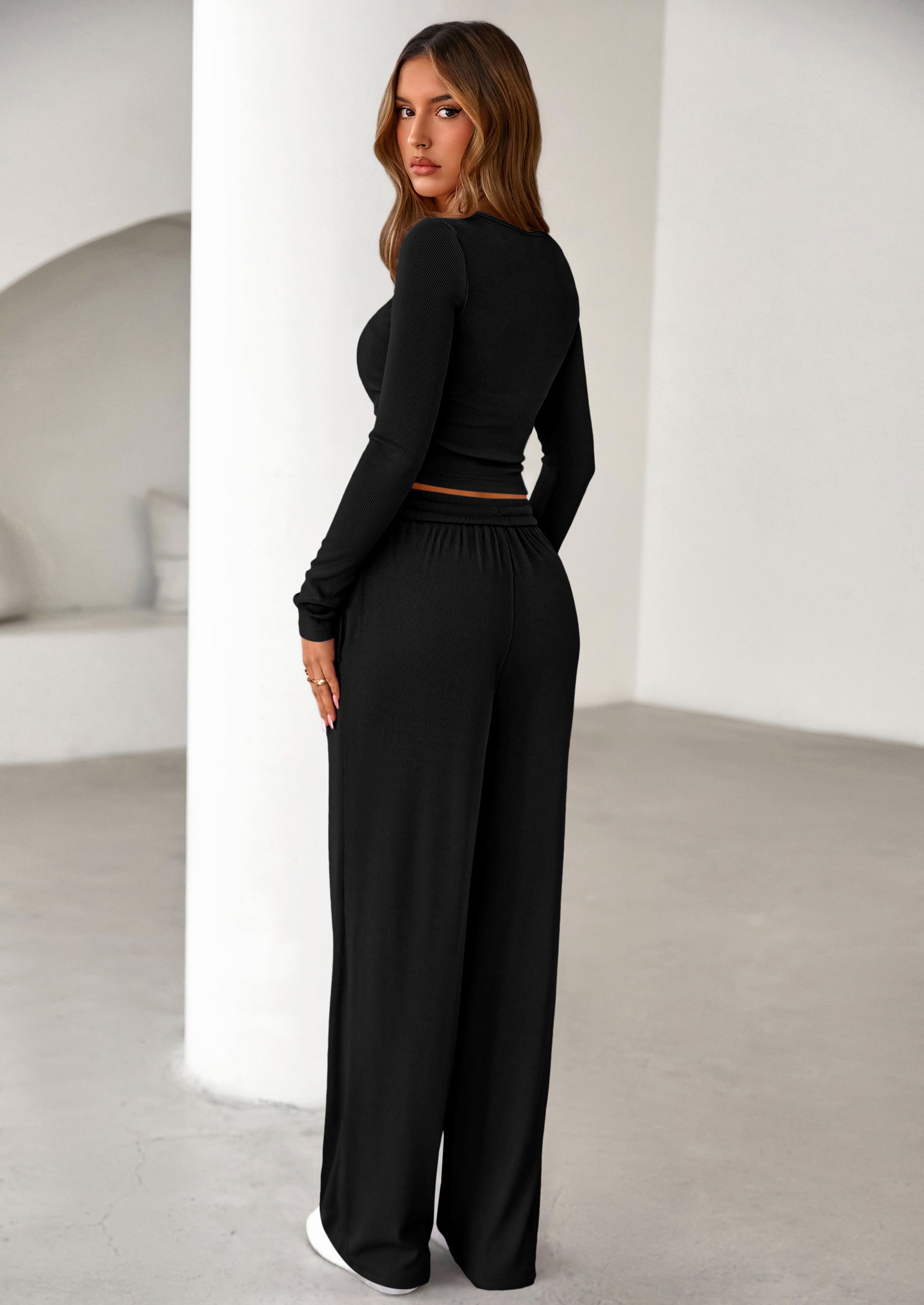 Osonn Women's Fall Trendy 2 Piece Outfits Lounge Sets Long Sleeve Top Henley Shirts Wide Leg Pants Travel Clothes
