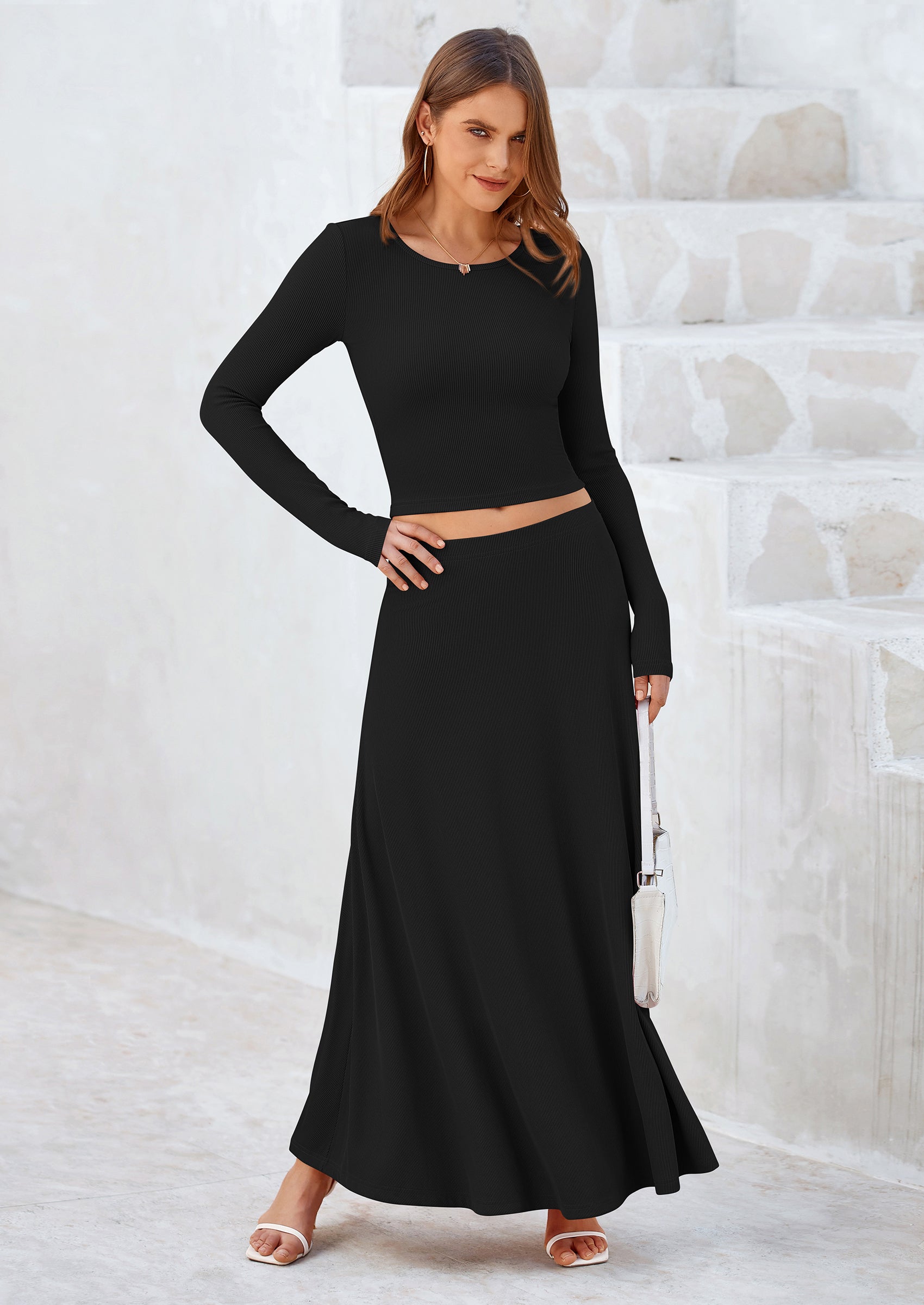 Osonn 2 Piece Casual Ribbed Knit Long Sleeve Crop Tops Maxi Flowy Skirts Matching Sets