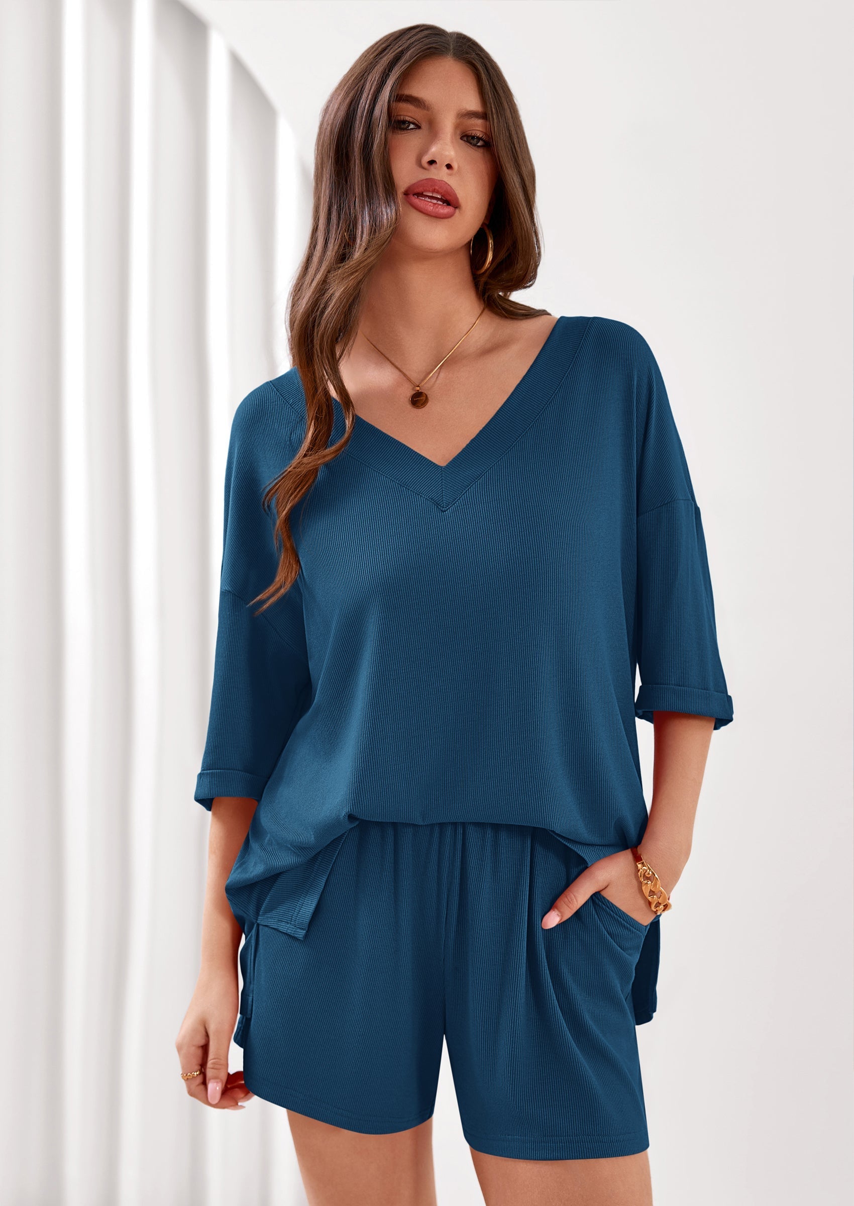 Osonn Womens 2 Piece Sets Oversized Vneck Half Sleeve Tops Shorts Lounge Set Casual Summer Travel Beach Outfits
