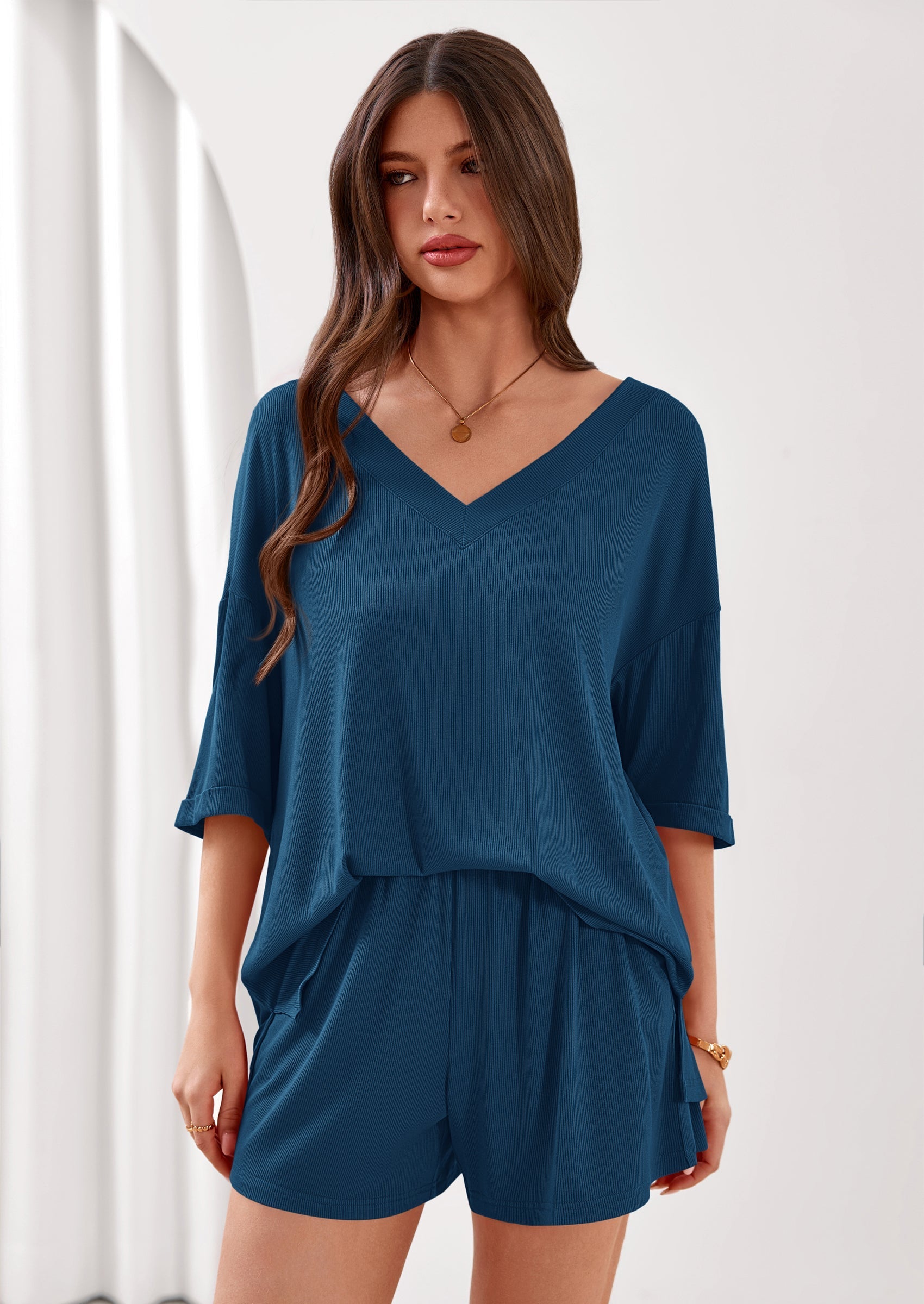 Osonn Womens 2 Piece Sets Oversized Vneck Half Sleeve Tops Shorts Lounge Set Casual Summer Travel Beach Outfits