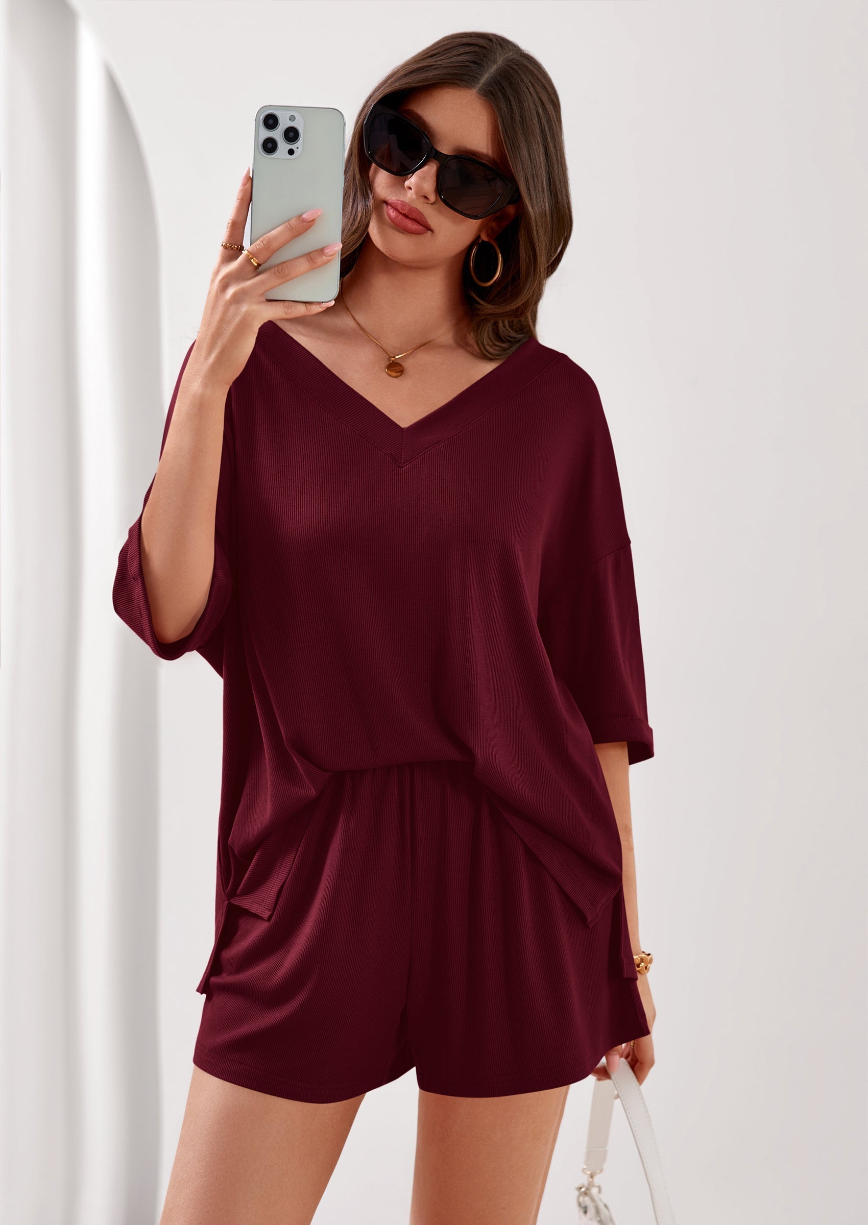 Osonn Womens 2 Piece Sets Oversized Vneck Half Sleeve Tops Shorts Lounge Set Casual Summer Travel Beach Outfits