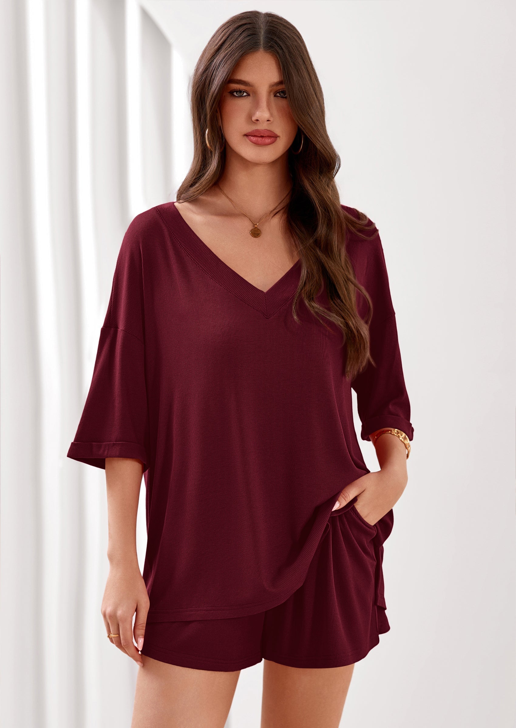Osonn Womens 2 Piece Sets Oversized Vneck Half Sleeve Tops Shorts Lounge Set Casual Summer Travel Beach Outfits