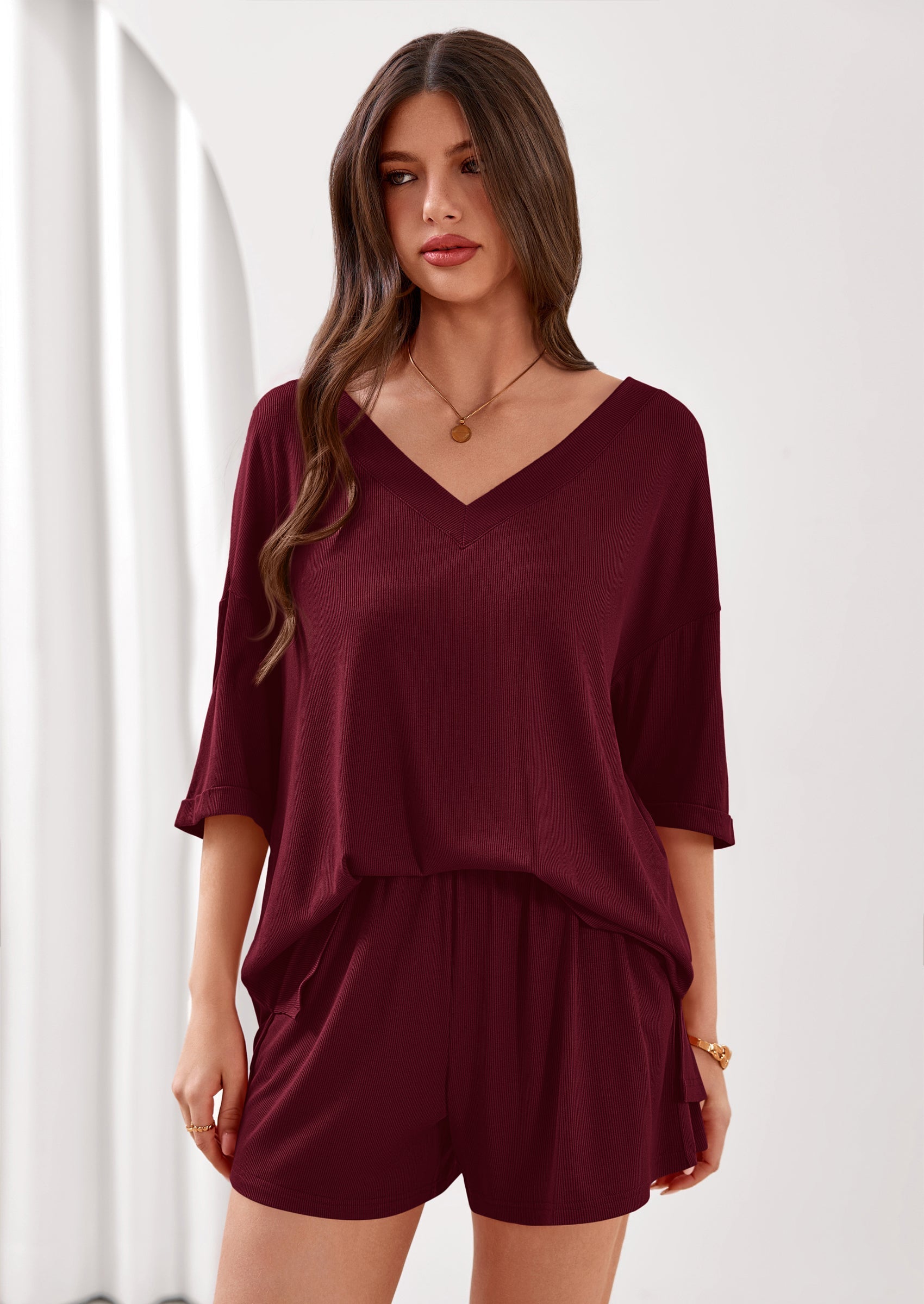 Osonn Womens 2 Piece Sets Oversized Vneck Half Sleeve Tops Shorts Lounge Set Casual Summer Travel Beach Outfits