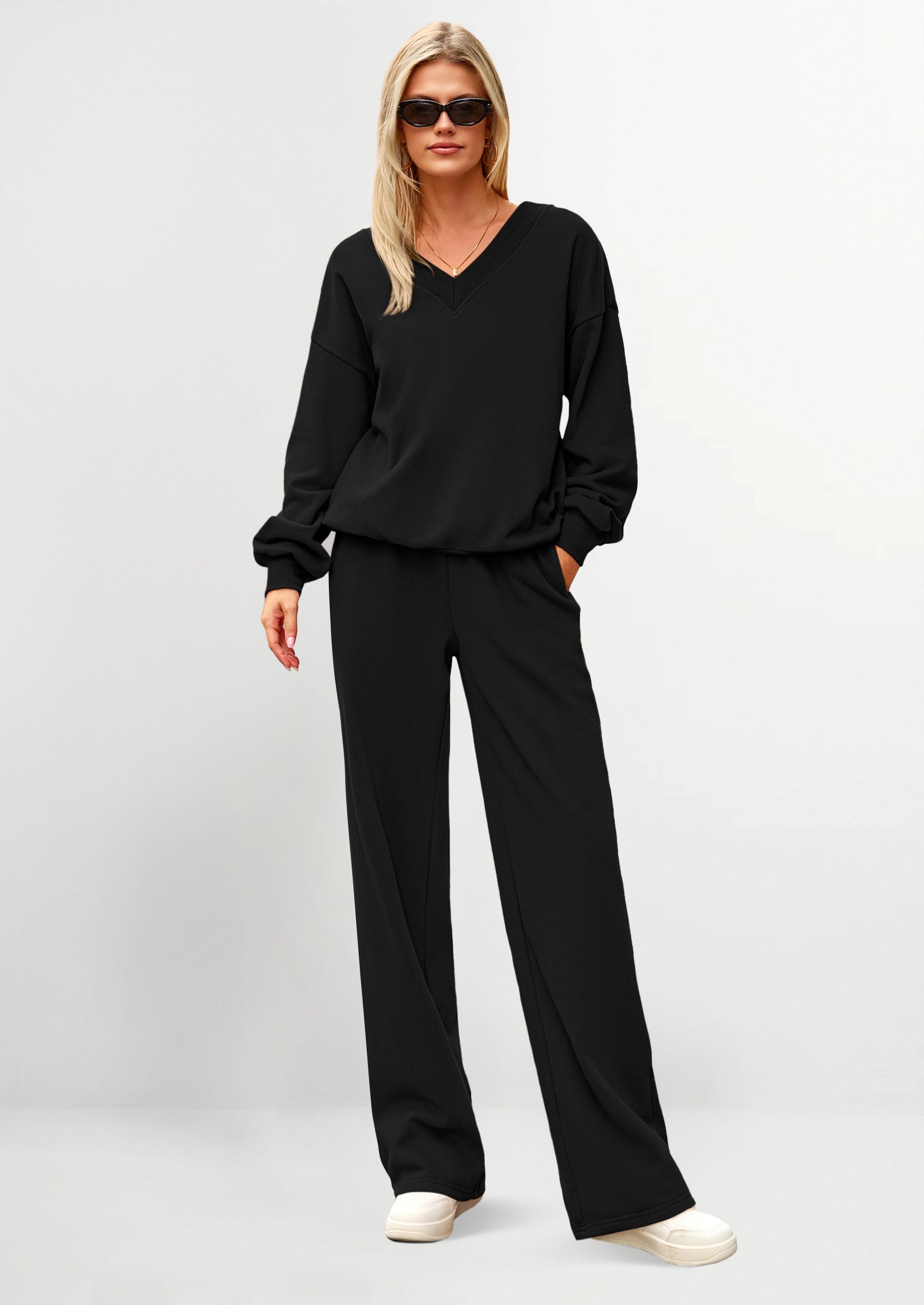 Osonn Casual Winter Two Piece Sets for Women V Neck Sweatshirt Loose Wide Leg Pants Tracksuit Knit Fall Outfits