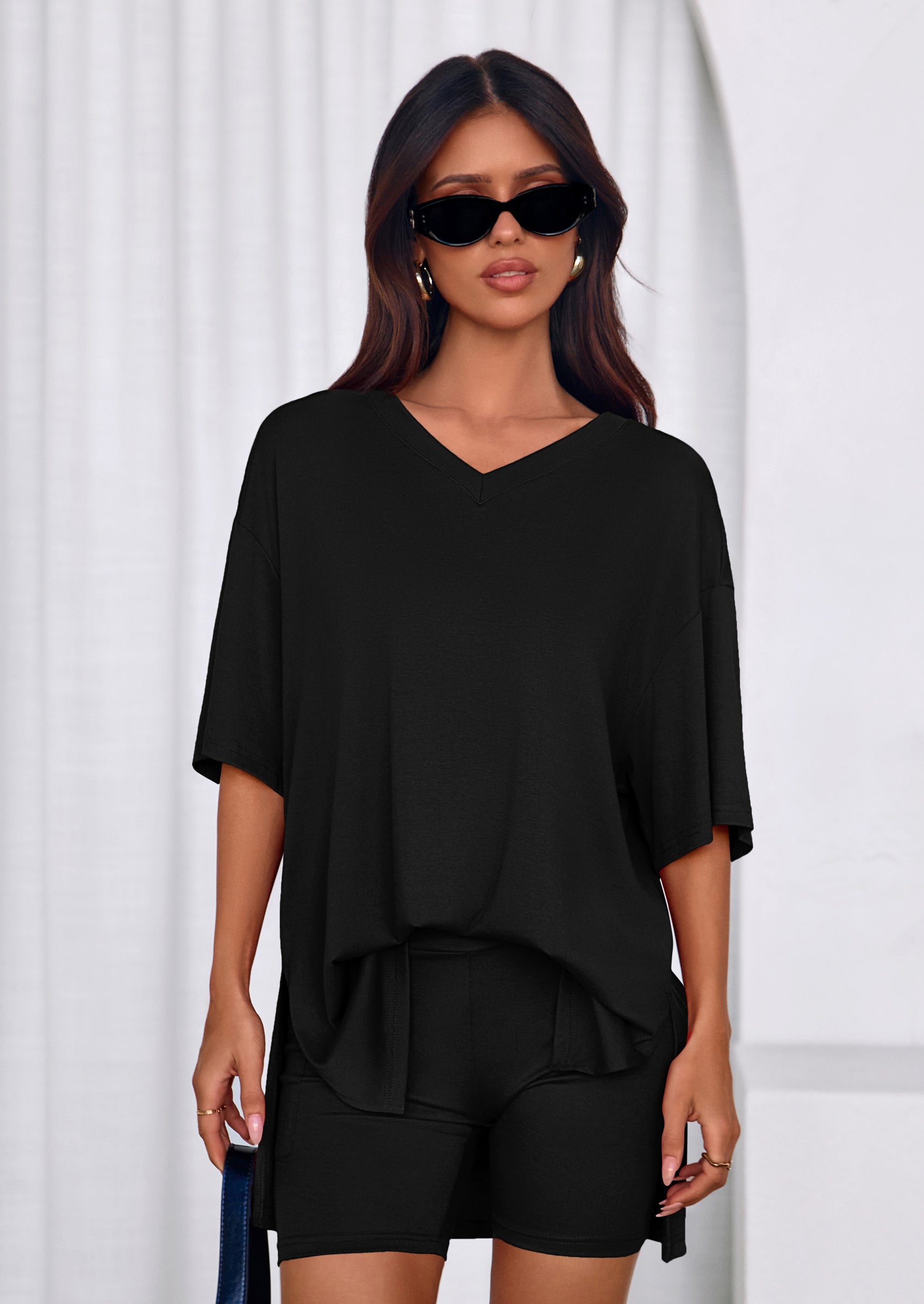 Osonn 2 Piece Sets for Women Summer Lounge Short Set Spring Matching Biker Shorts V Neck Oversized Shirt Clothing